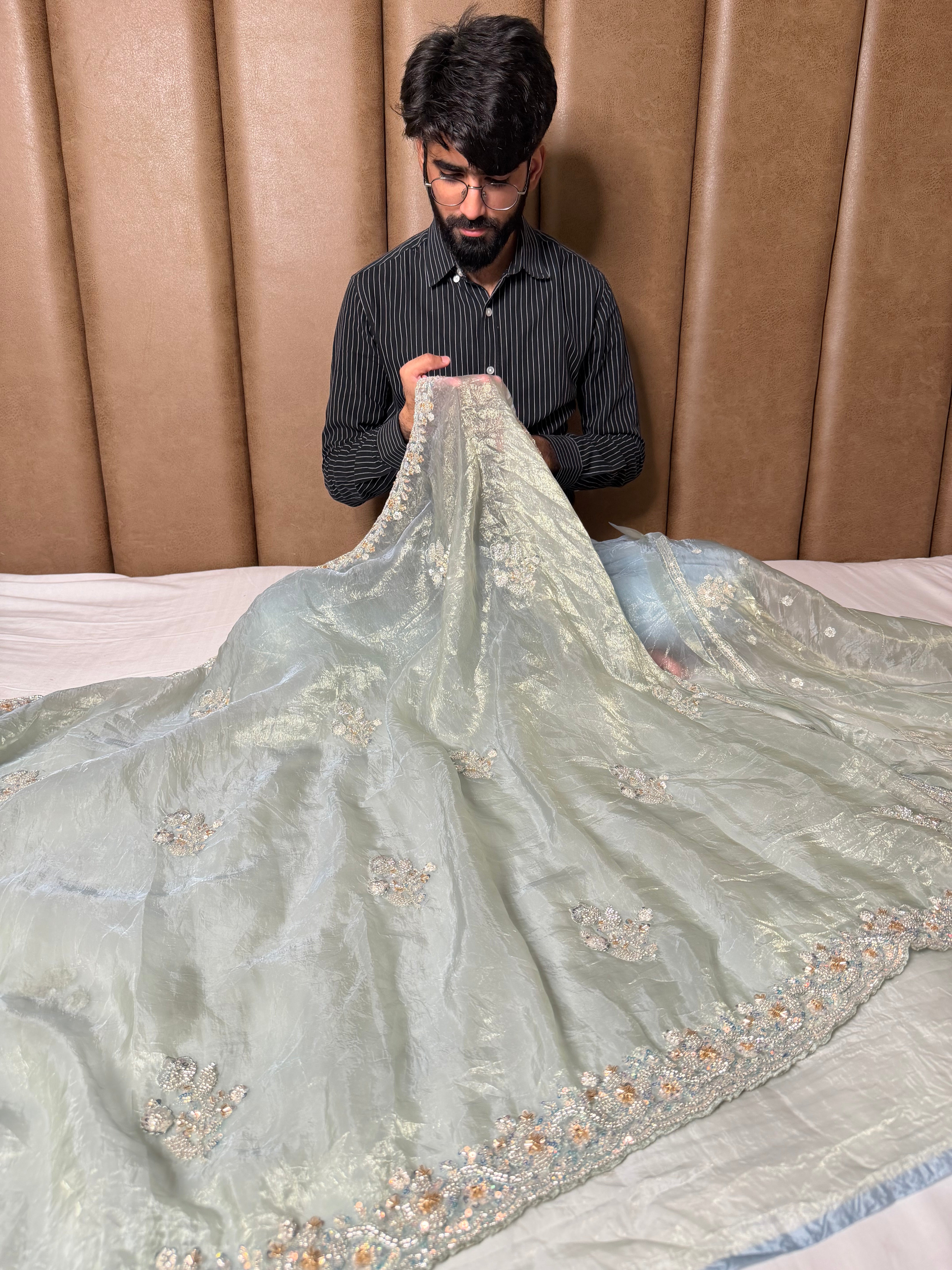 Subtle Metallic Sea Green Shimmery Tissue Silk Designer Saree