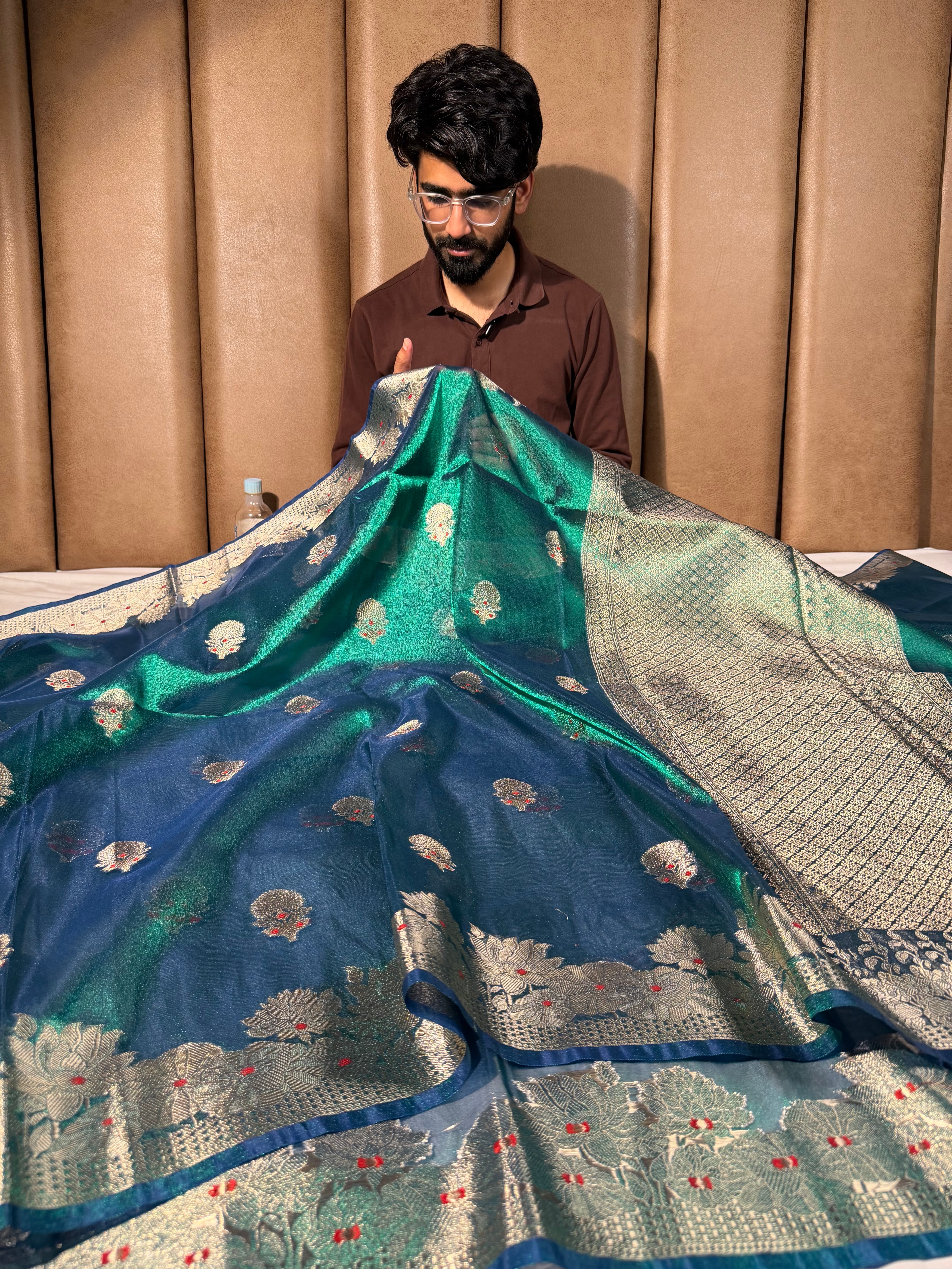 Rare Peacock Soft Tissue Silk Meenakari Buta Saree