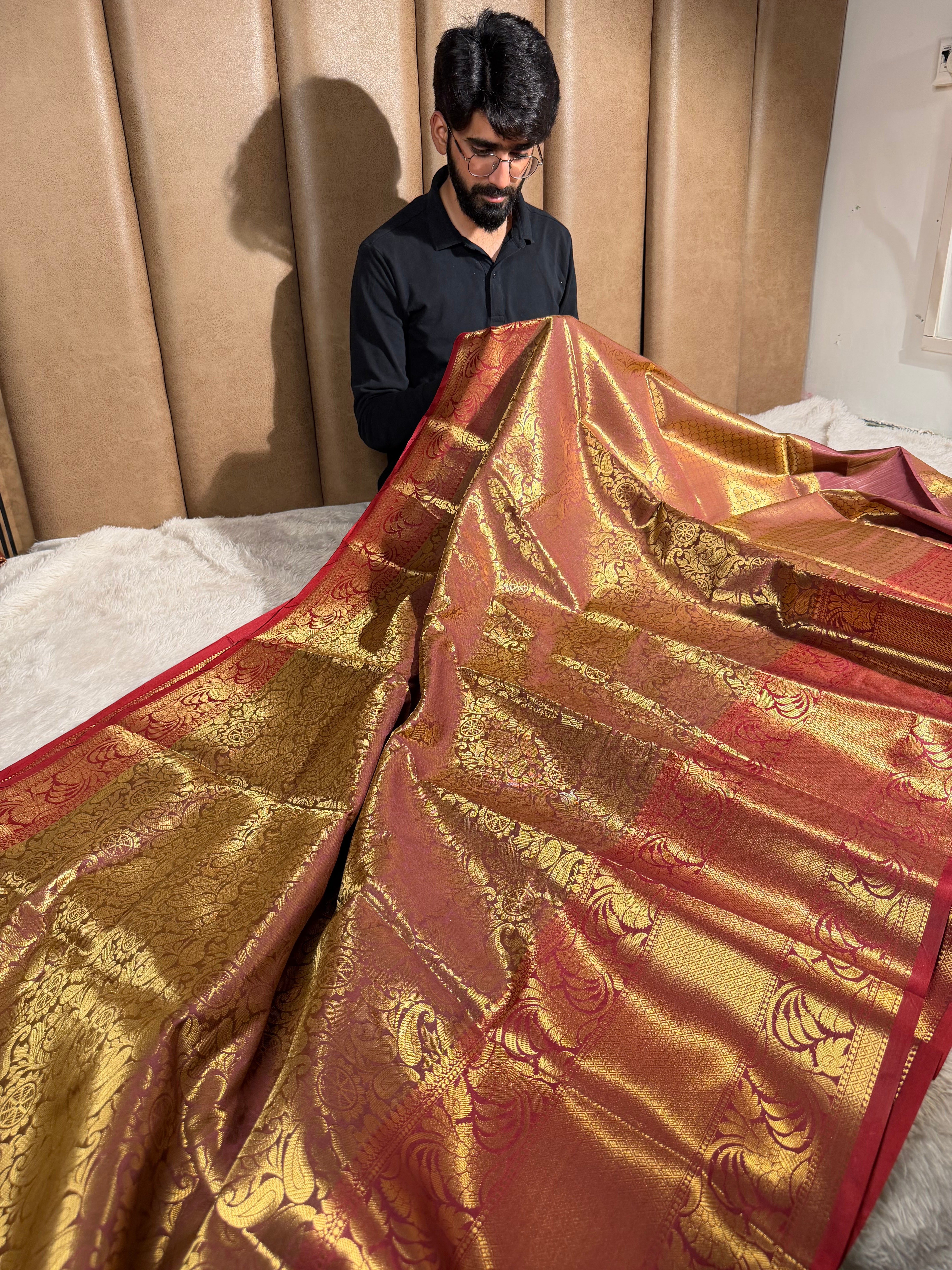 Rusted Shade Embossed Kanjivaram Tissue Saree