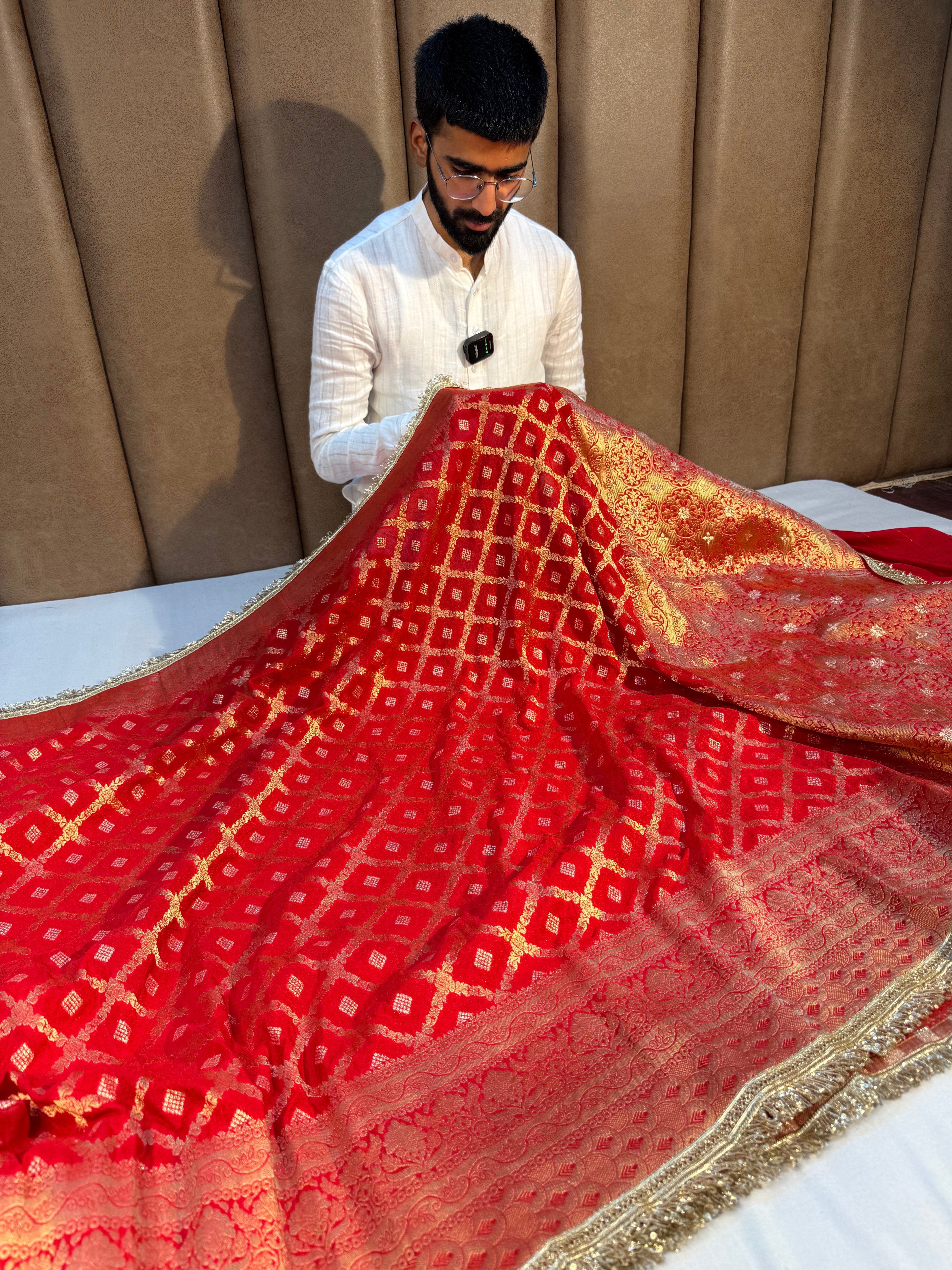 Bridal Red Chiniya Silk Lace Attached Banarasi Saree