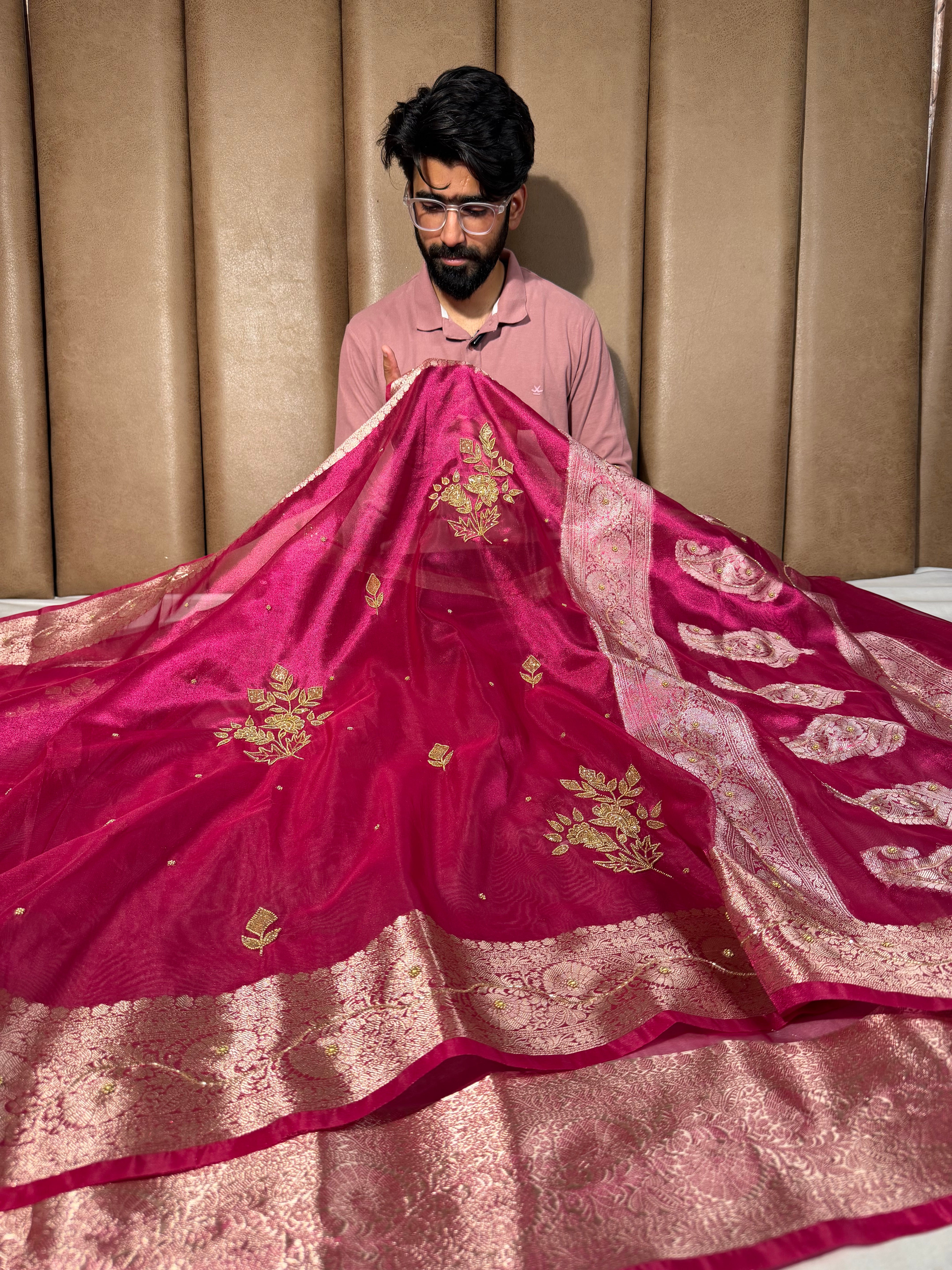 Rani Pink Kora Tissue Intricate Handwork Banarasi Saree