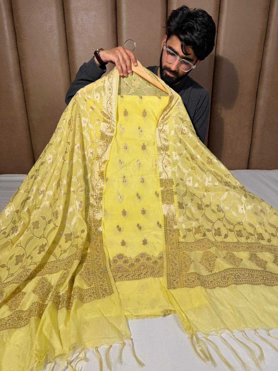 Pista Green Chinia Silk Premium Handwork Suit