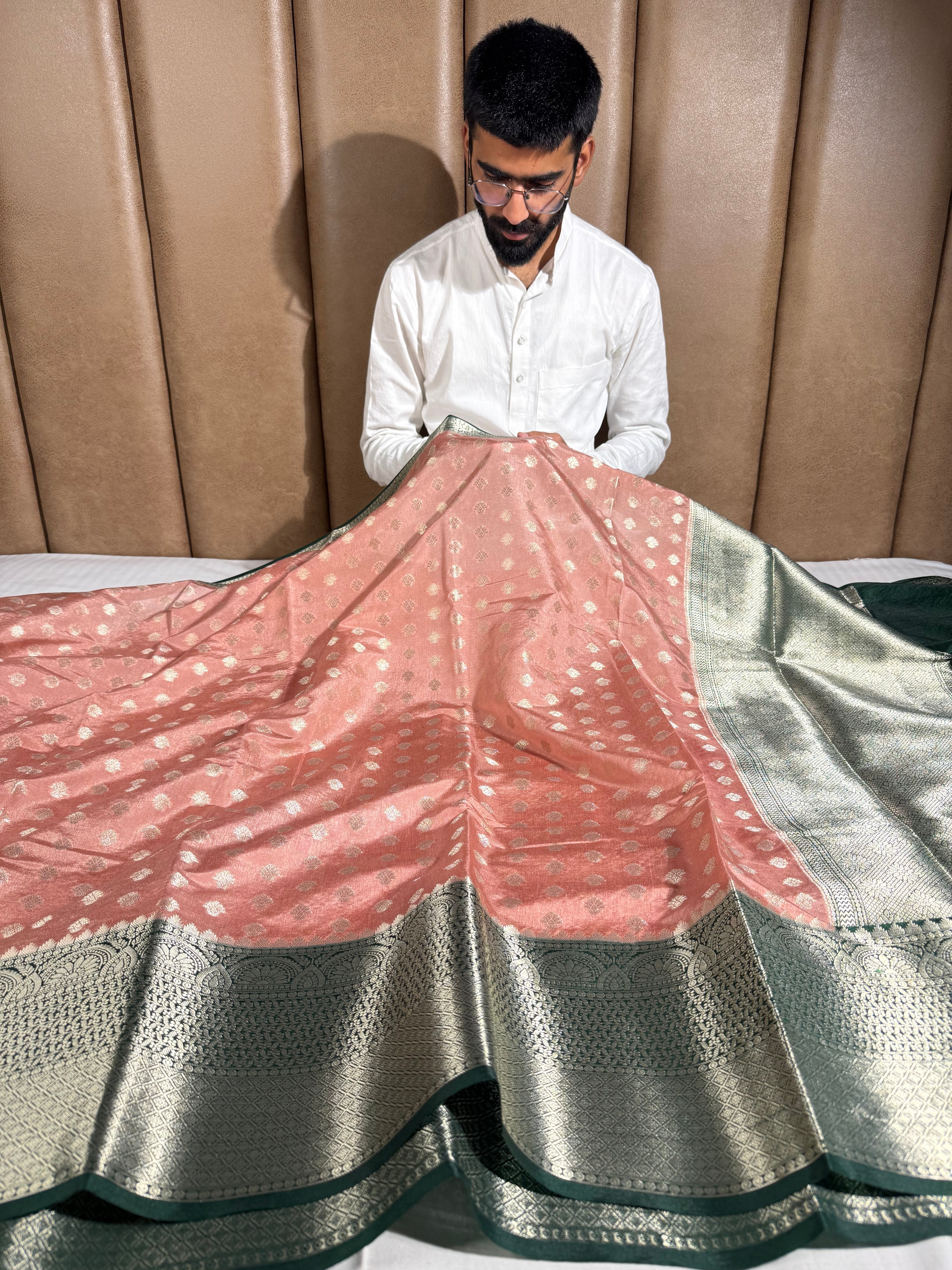 Peach Chinia Silk Khaddi Buti Weave Banarasi Saree