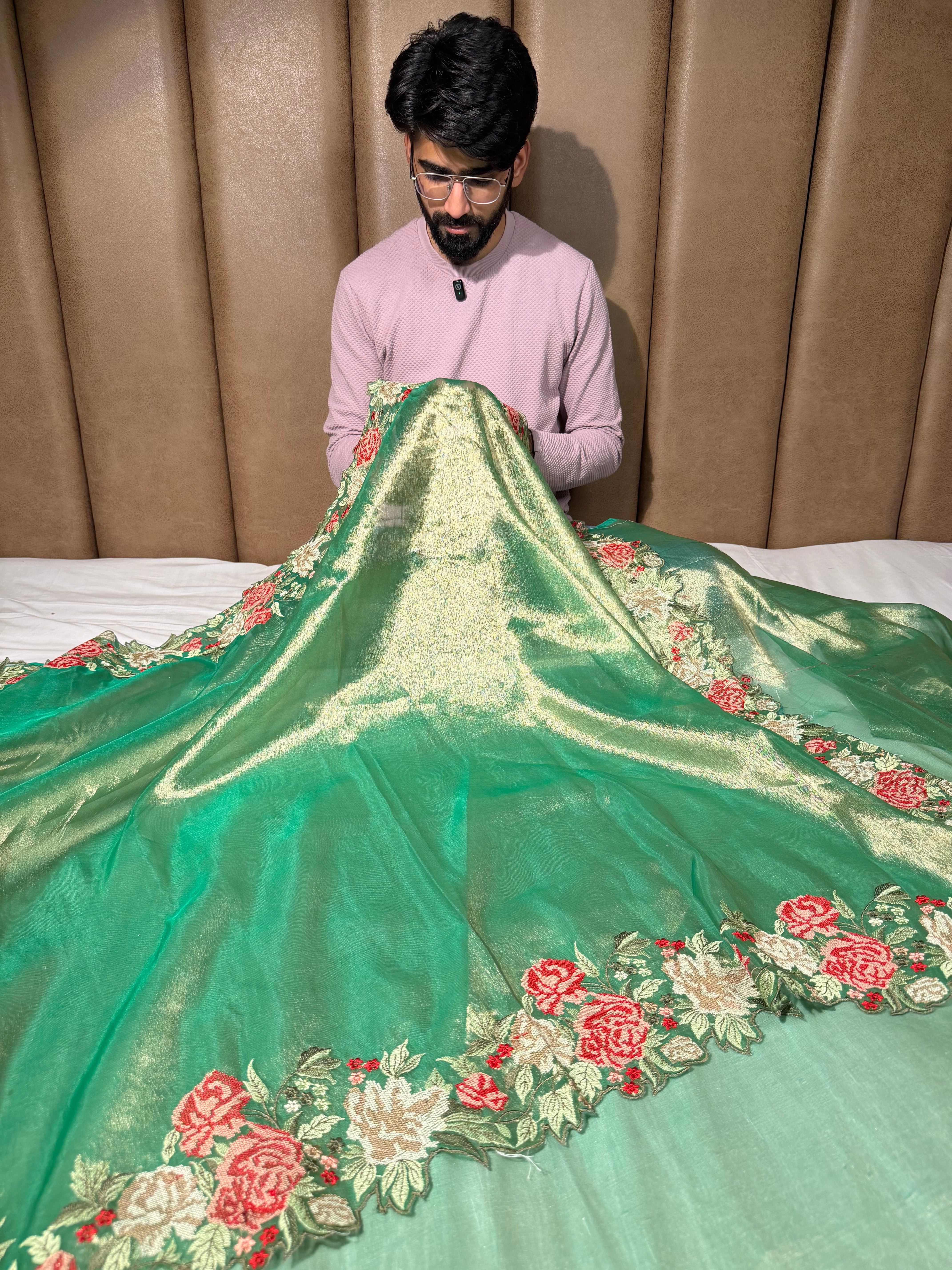 Emerald Green Tissue Silk Crochet Embroidery and Cutwork Banarasi Saree