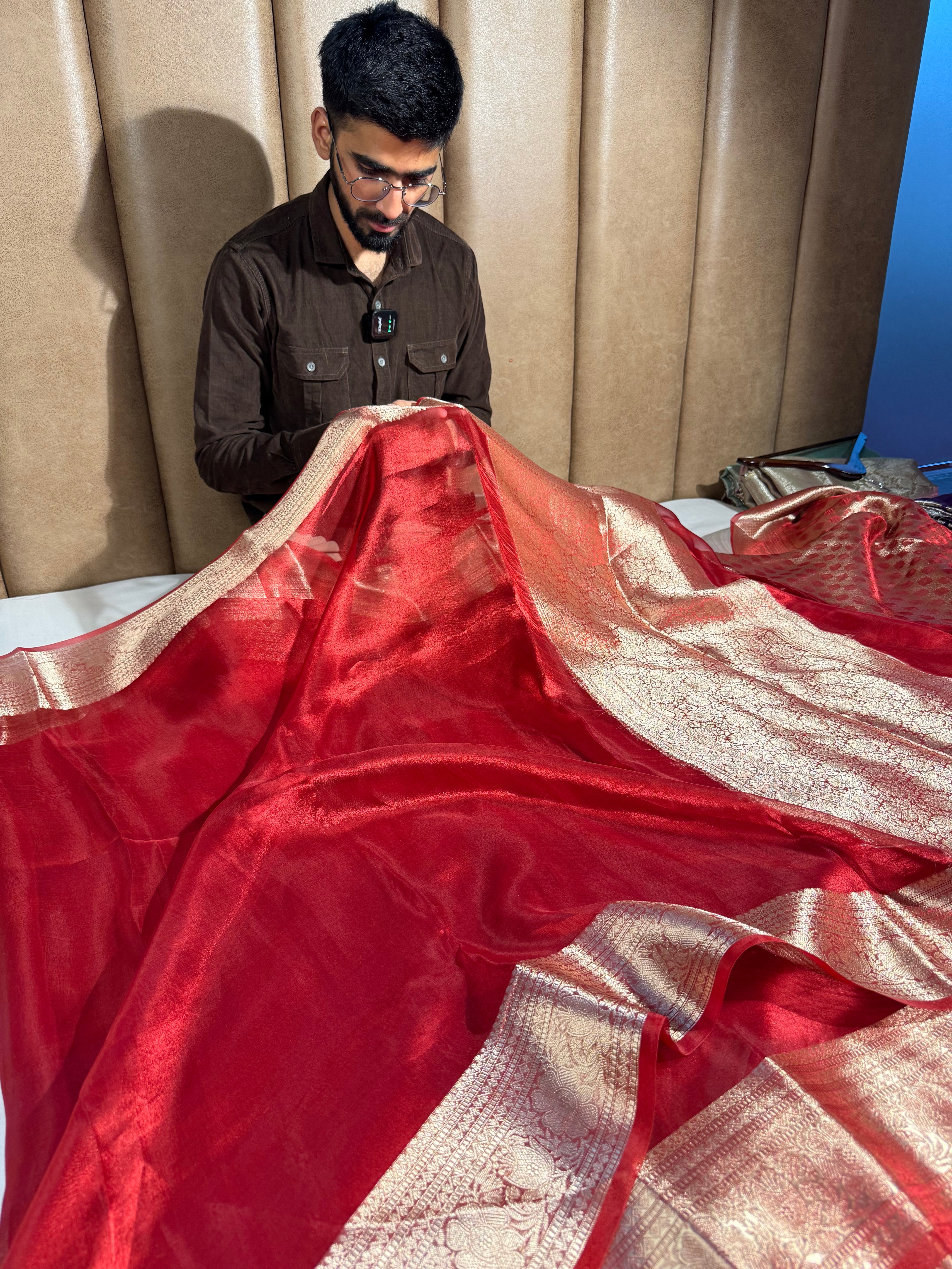 Carmine Red Pure Tissue Silk Banarasi Saree