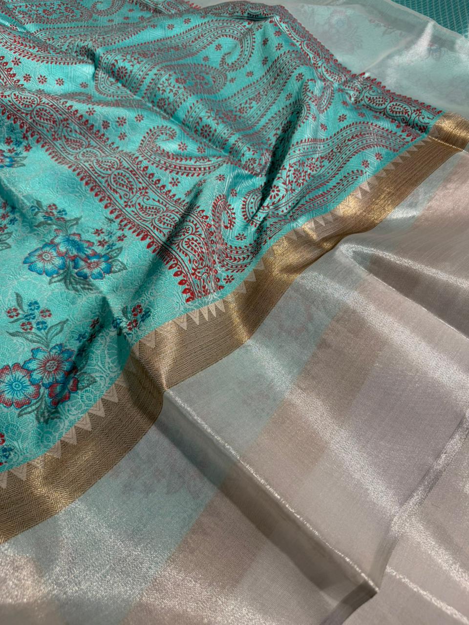 Sea Green Shade Embossed Weave Tissue Silk Saree