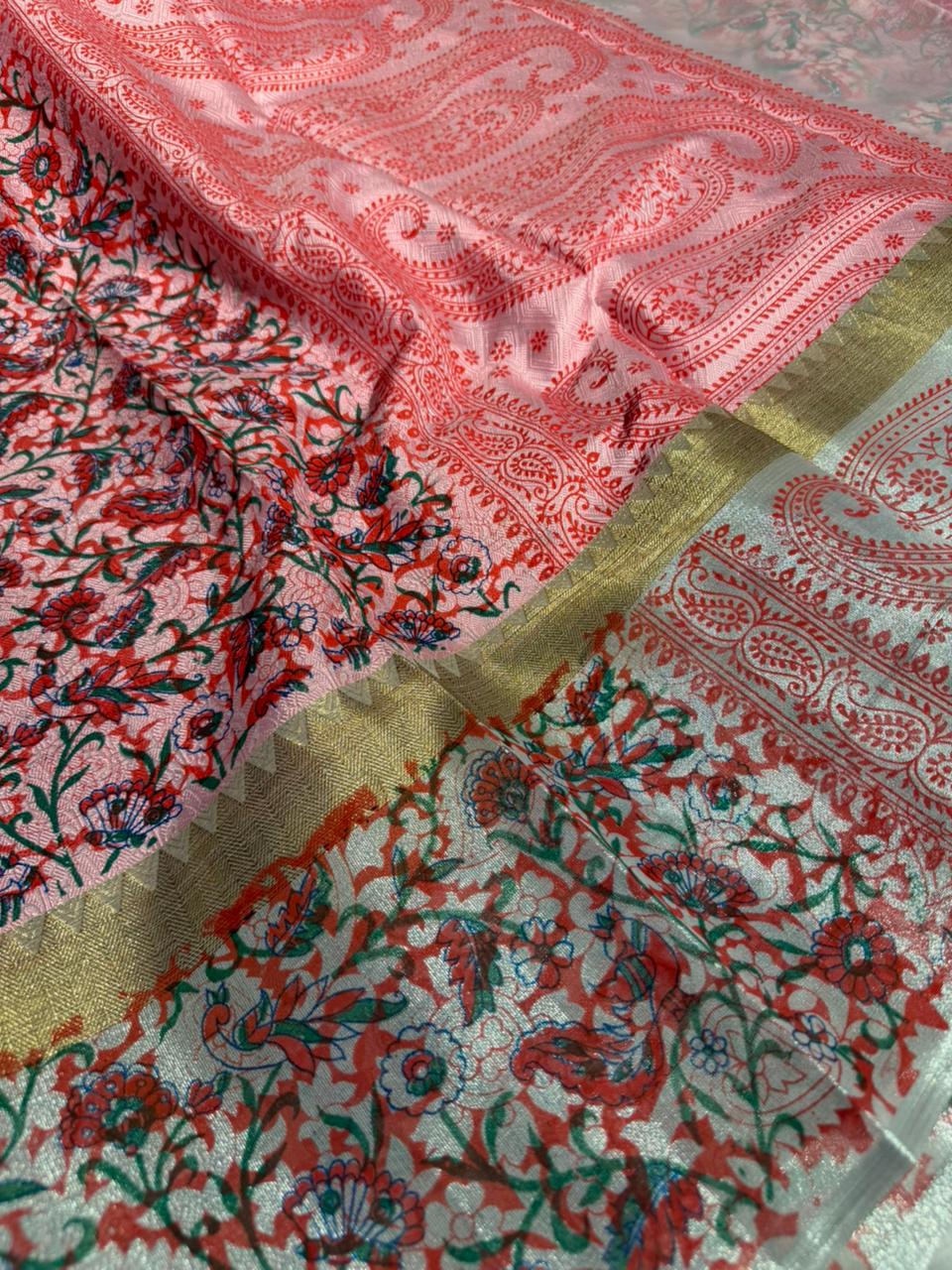 Light Pink Shade Embossed Weave Tissue Silk Saree