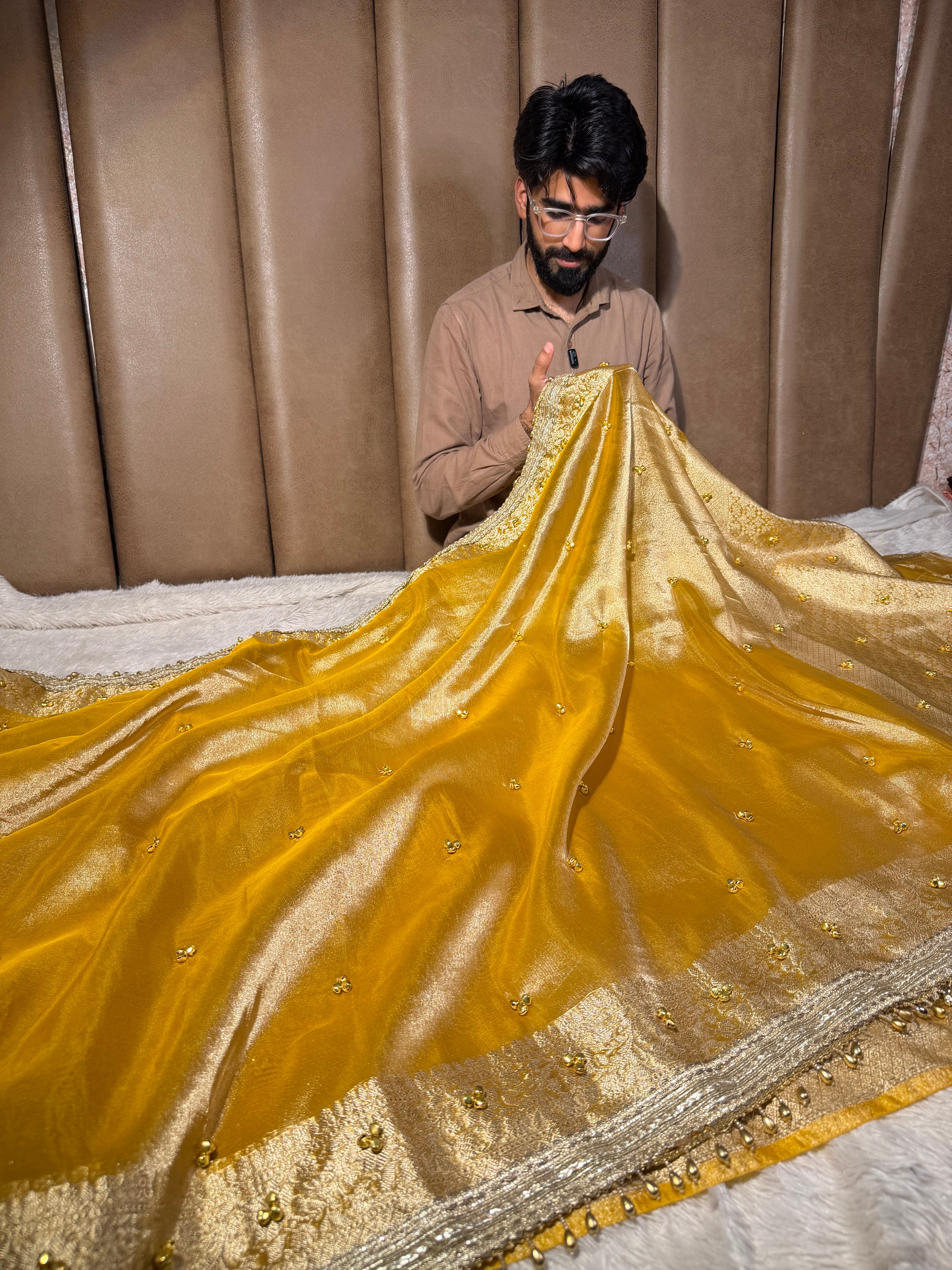 Metallic Yellow Kora Tissue Viral Ghungroo Saree