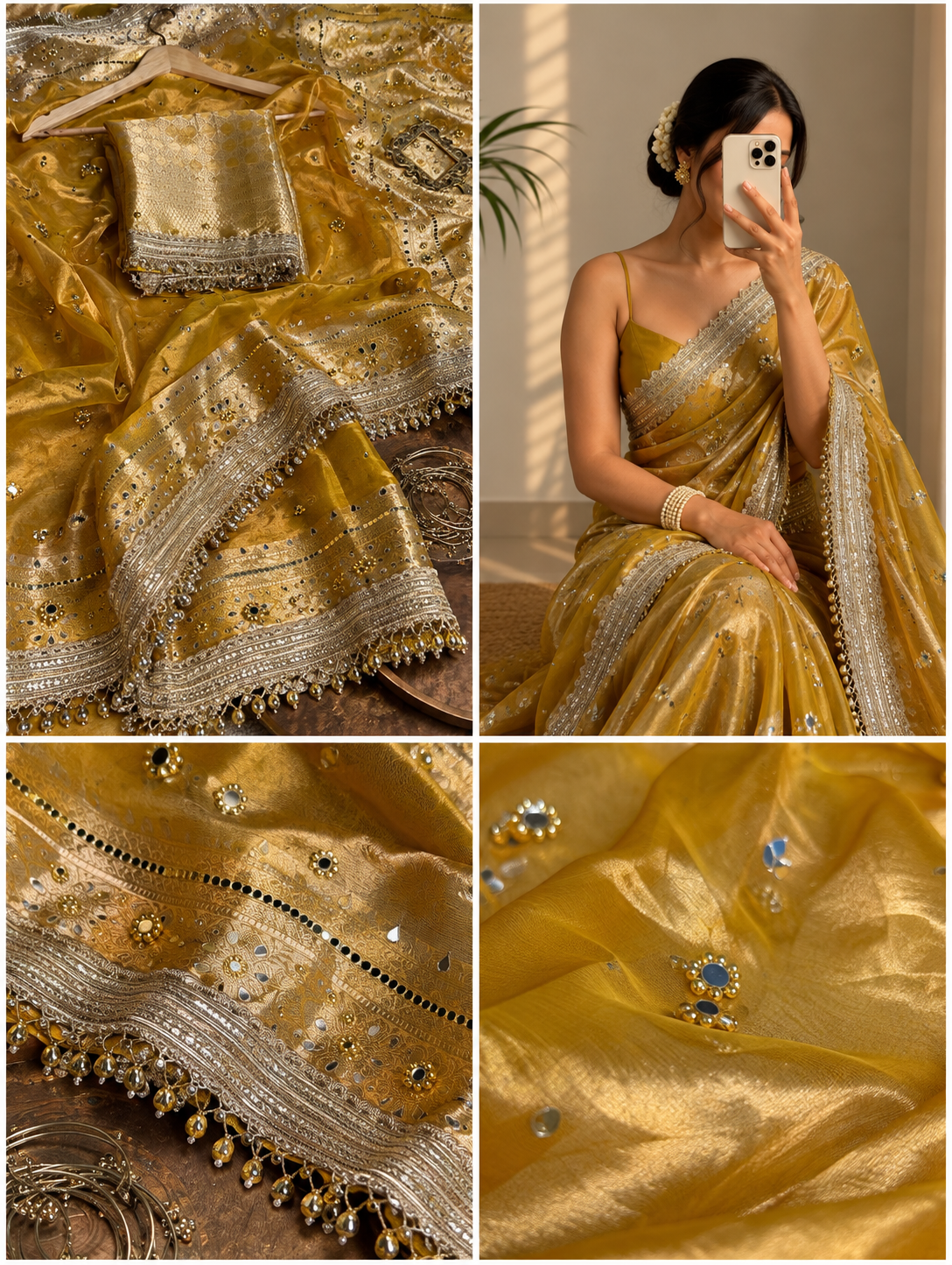 Bright Yellow Pure Tissue Ghungroo Mirror Work Saree
