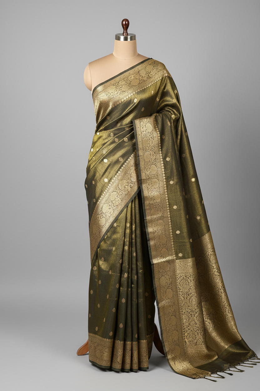 Ash Brown Premium Katan Tissue Banarasi Saree