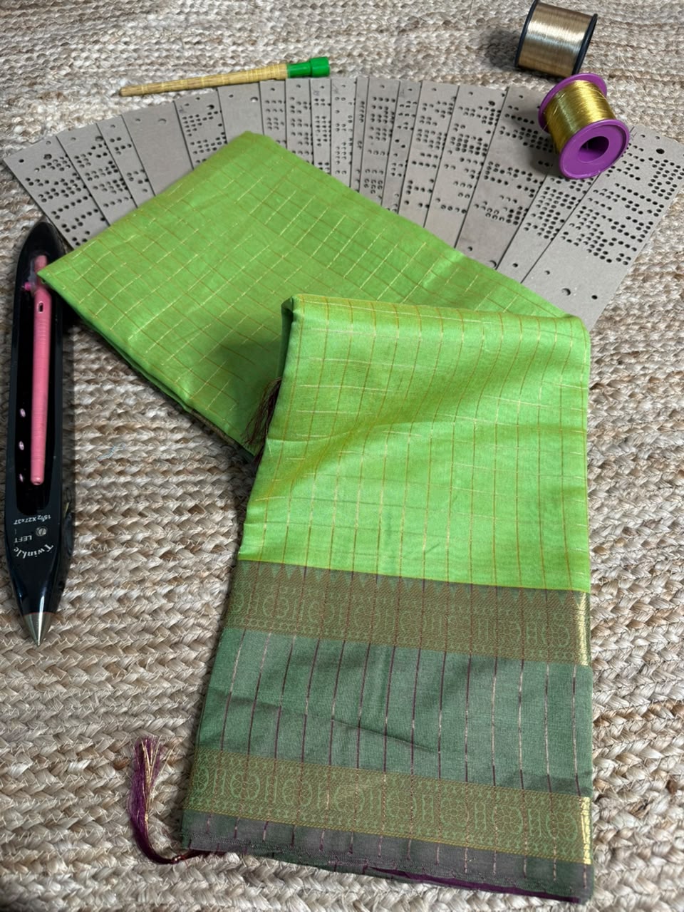Light Green Checks Cotton Banarasi Saree