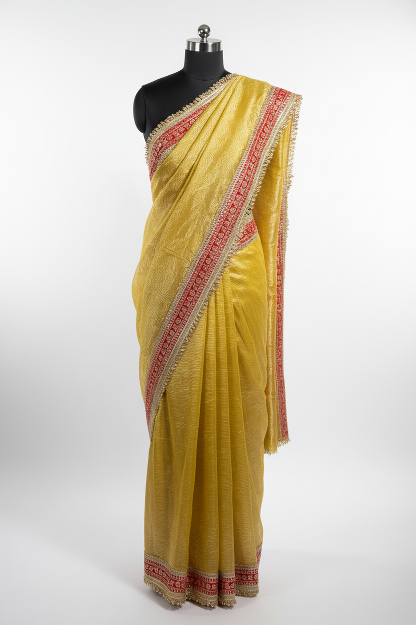 Light Gold Crushed Tissue Red Gota Banarasi Saree