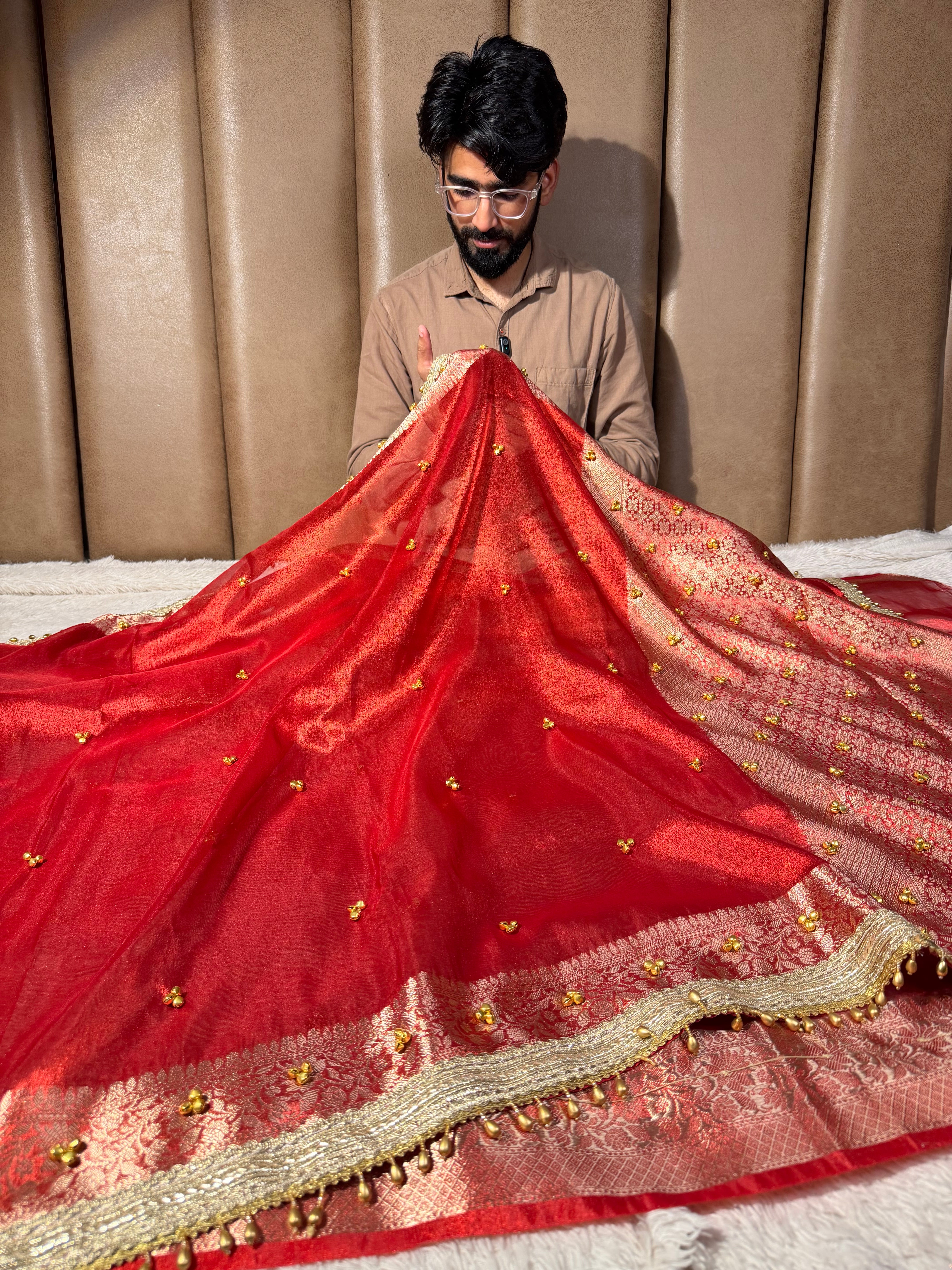 Metallic Red Kora Tissue Viral Ghungroo Saree
