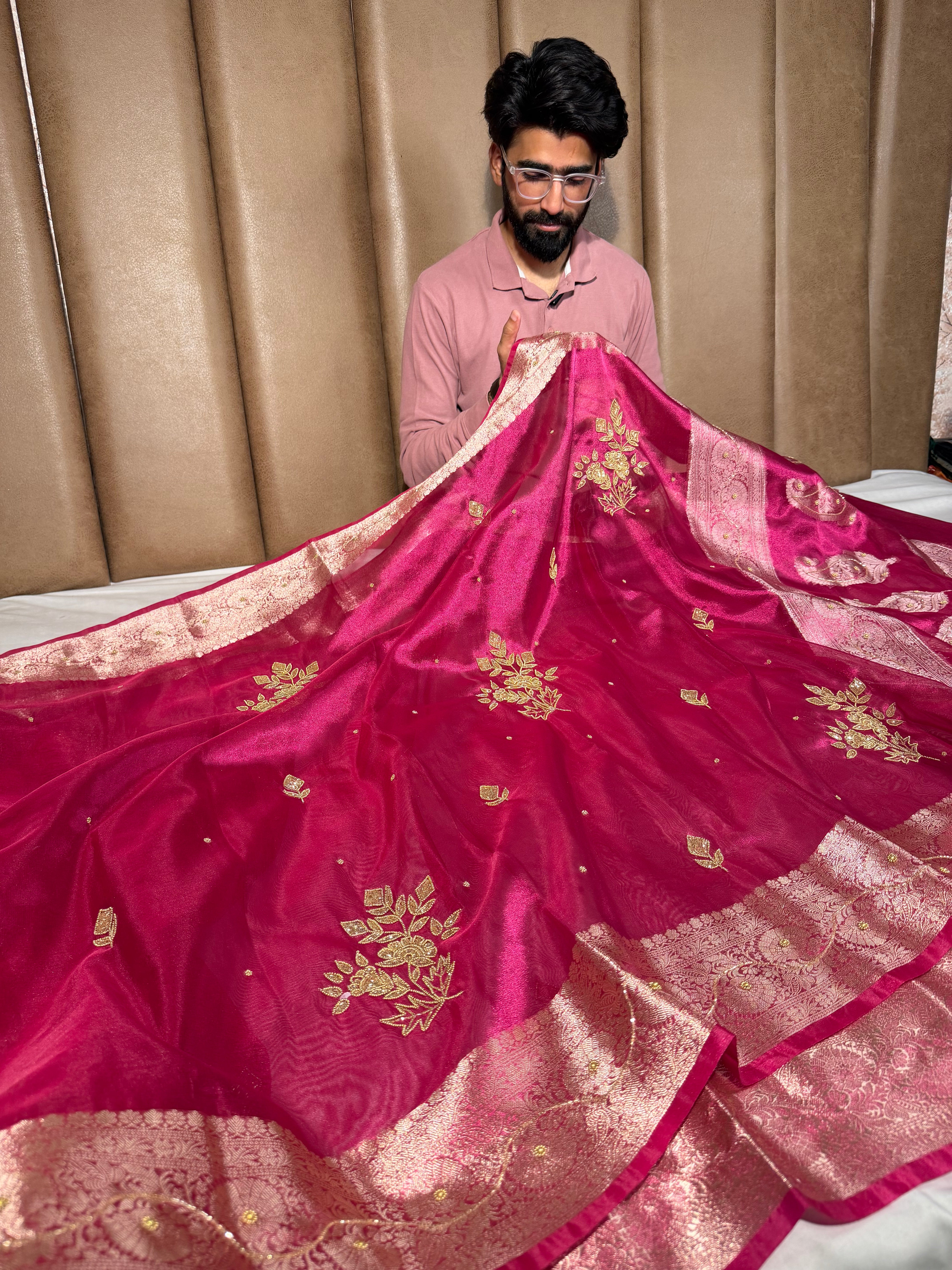 Rani Pink Kora Tissue Intricate Handwork Banarasi Saree