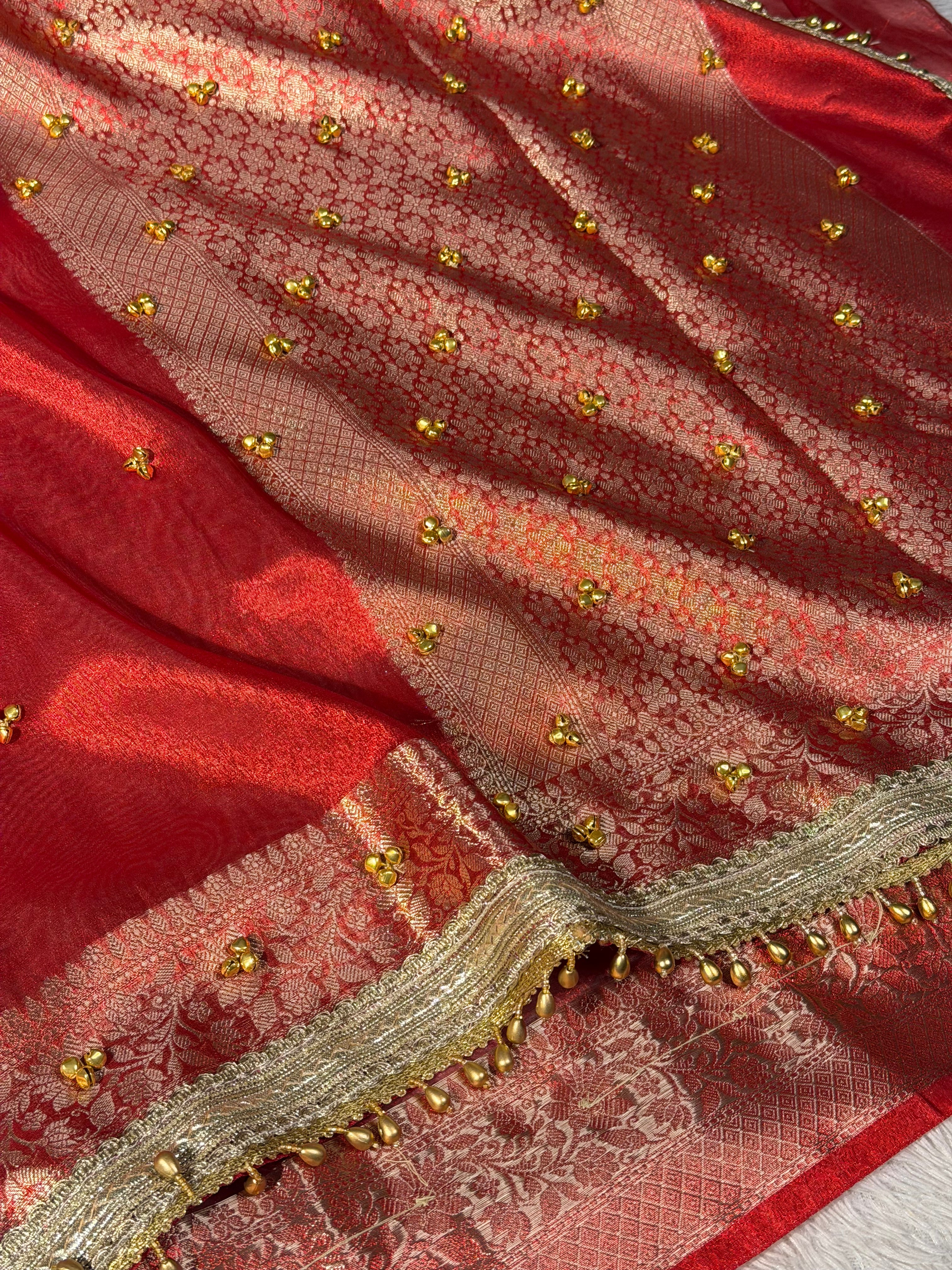 Metallic Red Kora Tissue Viral Ghungroo Saree