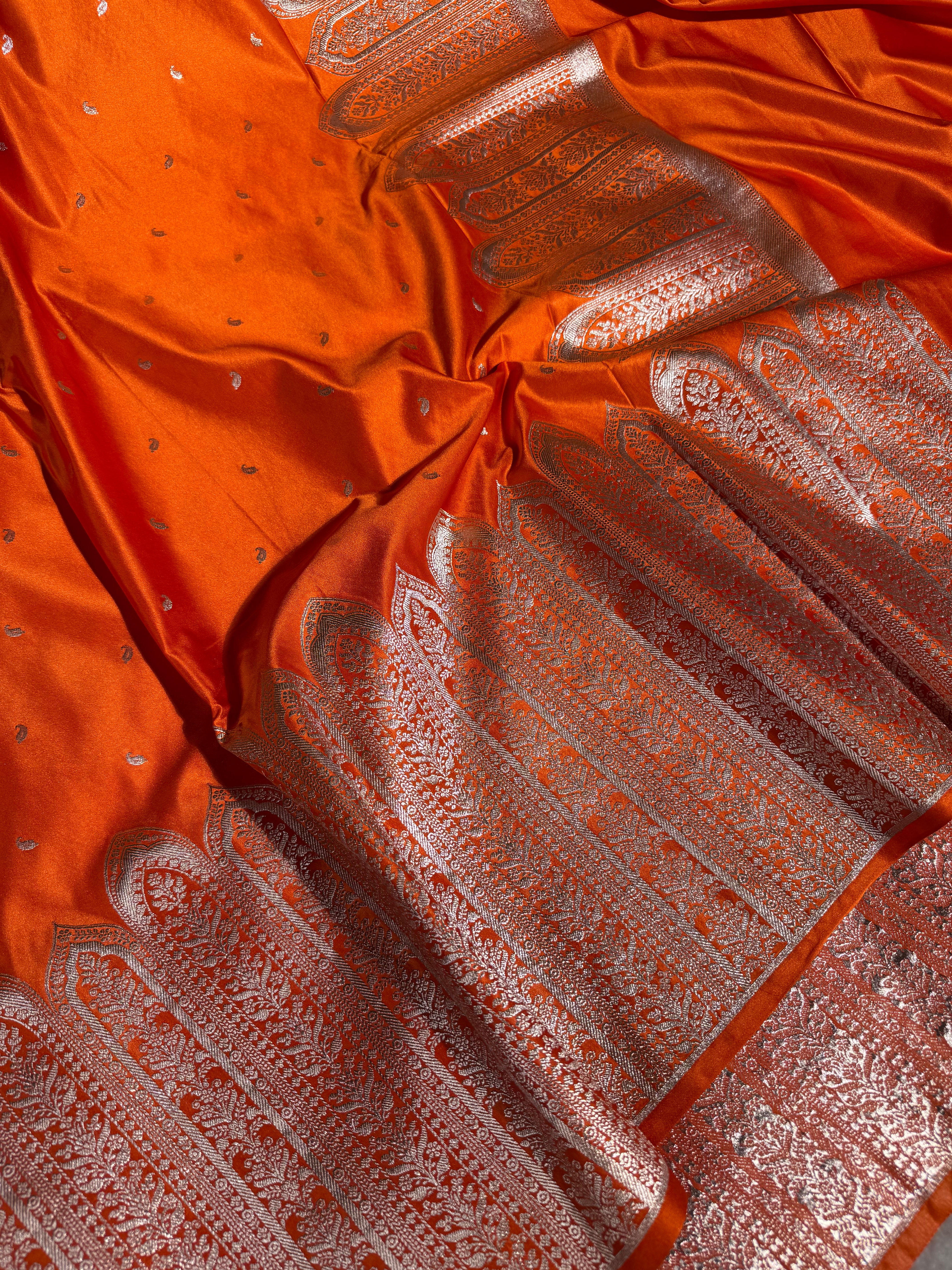 Bright Orange Mashru Katan Silk Heritage Weave Banarasi Saree
