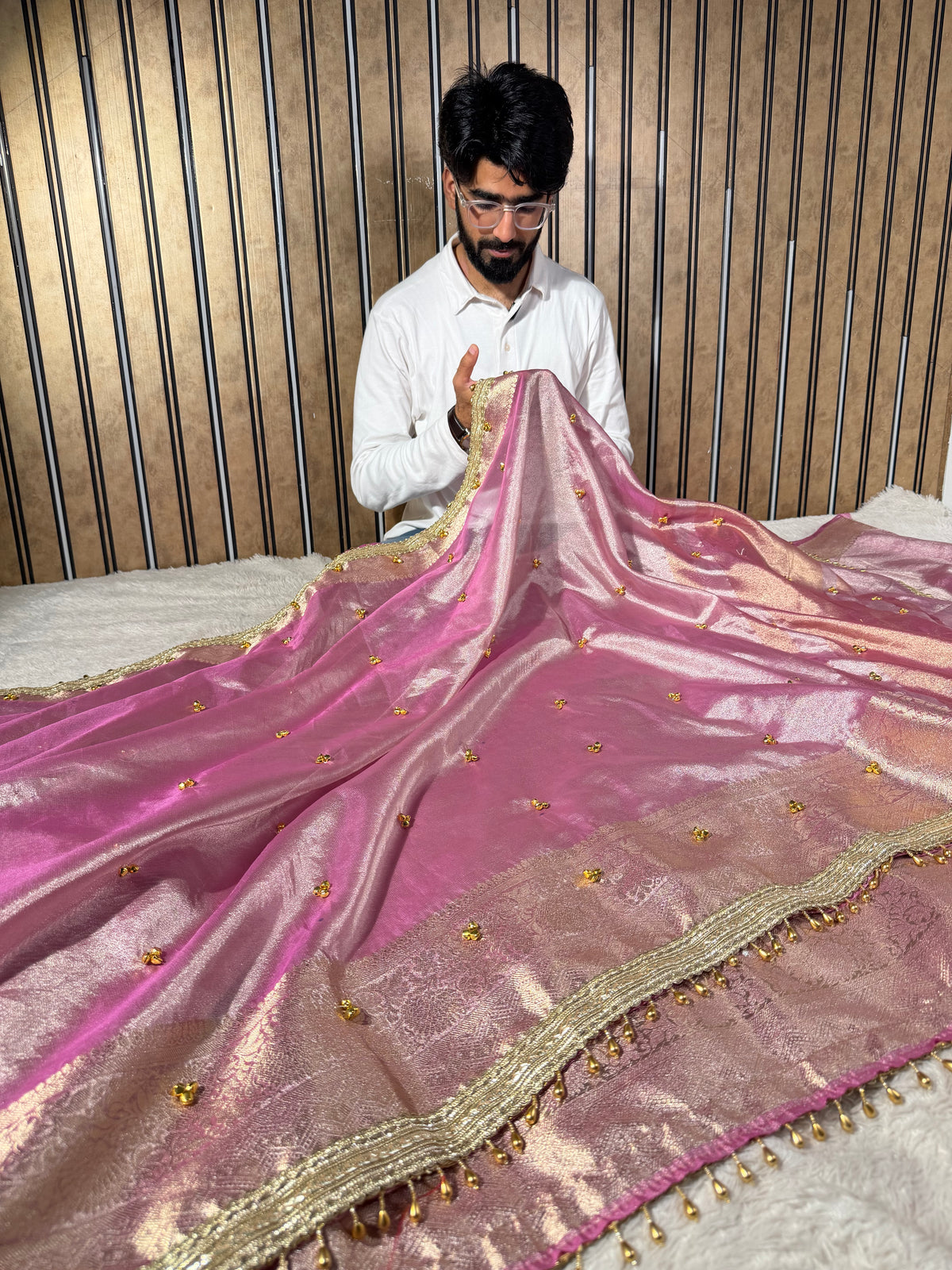 Barbie Pink Tissue Silk Viral Ghungroo Saree