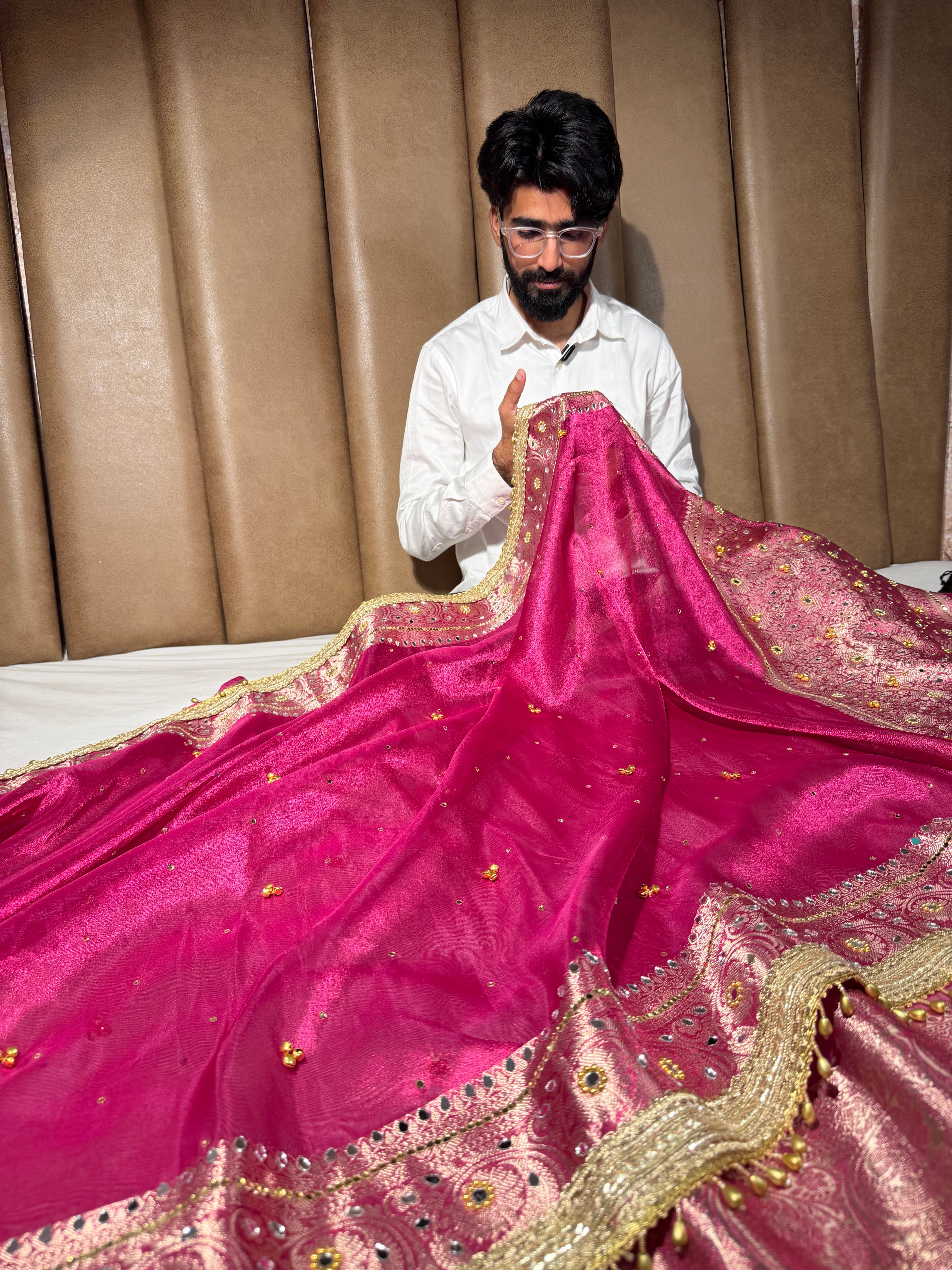 Rani Pink Kora Tissue Viral Ghungroo Saree