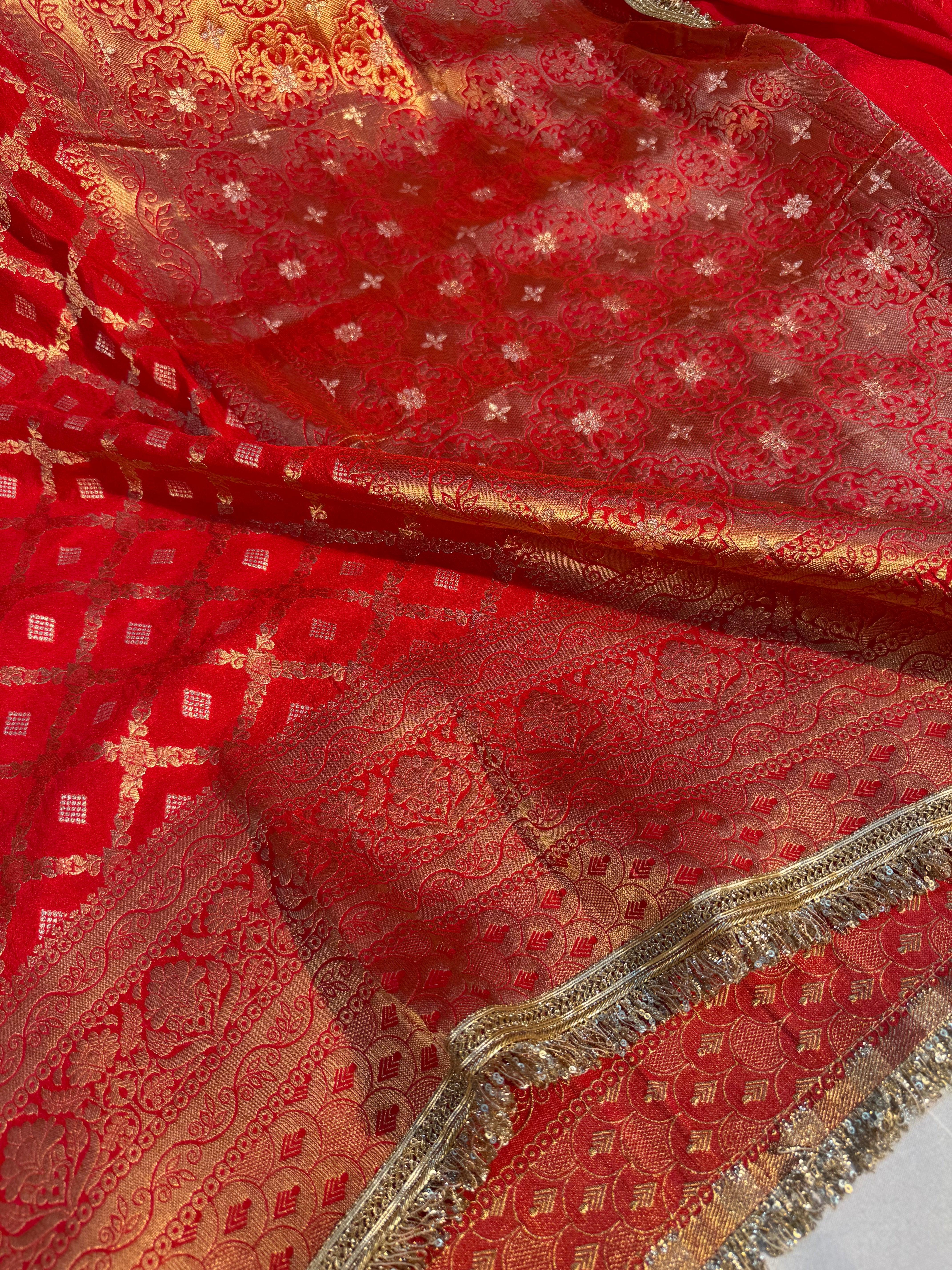 Bridal Red Chiniya Silk Lace Attached Banarasi Saree