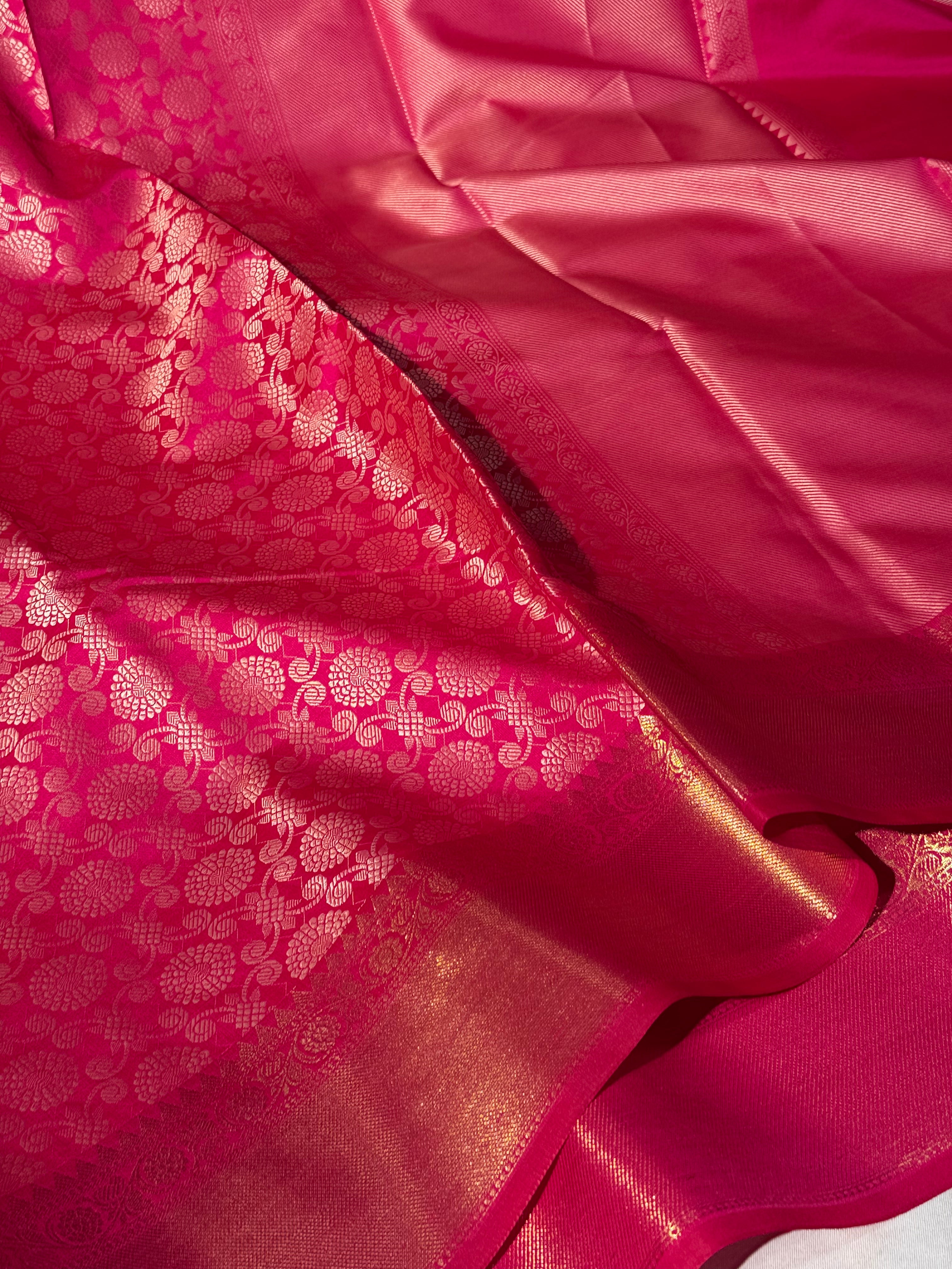 Rani Pink Embossed Softsilk Banarasi Saree