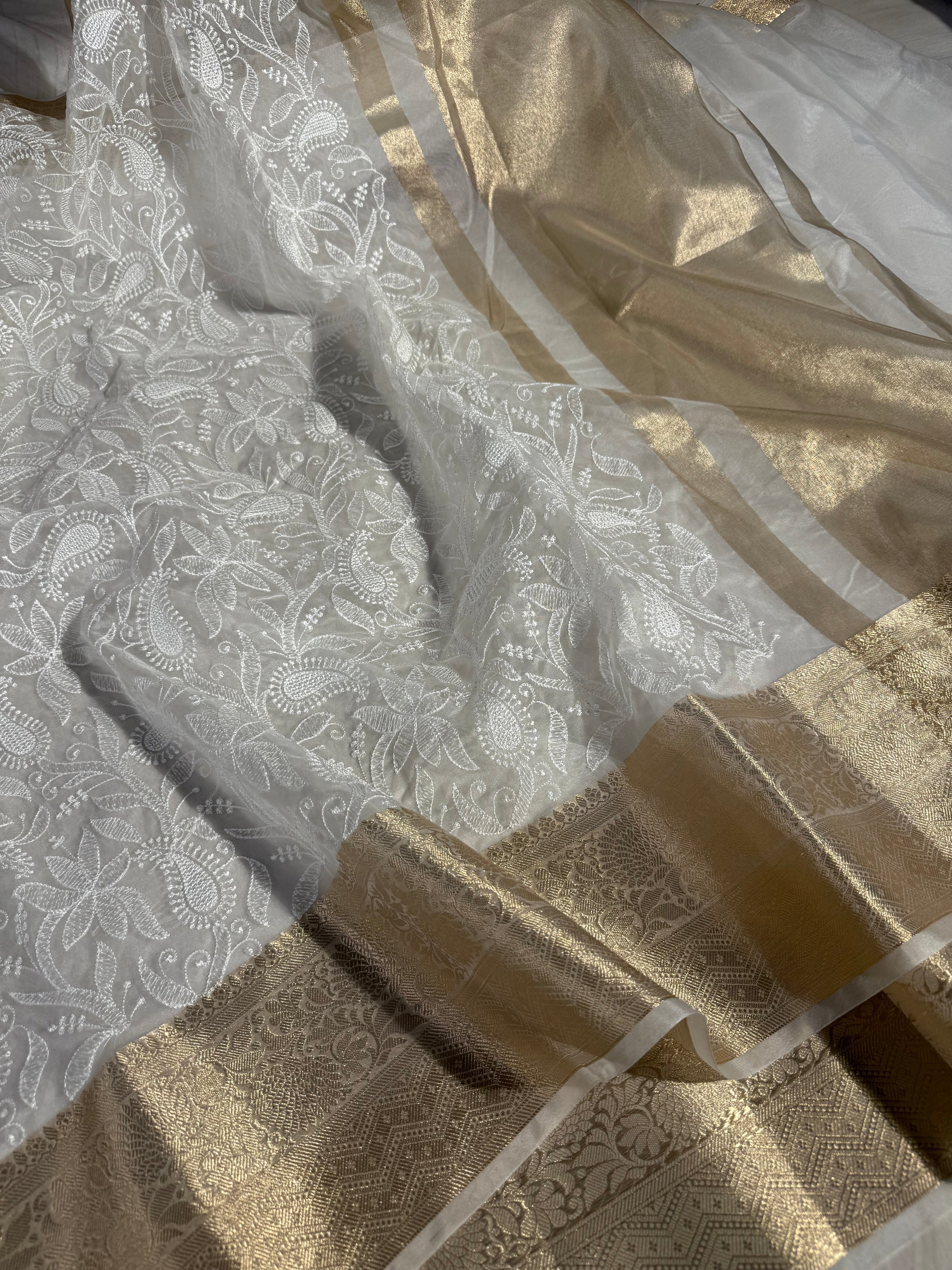 White Organza Banarasi Chikankari Saree