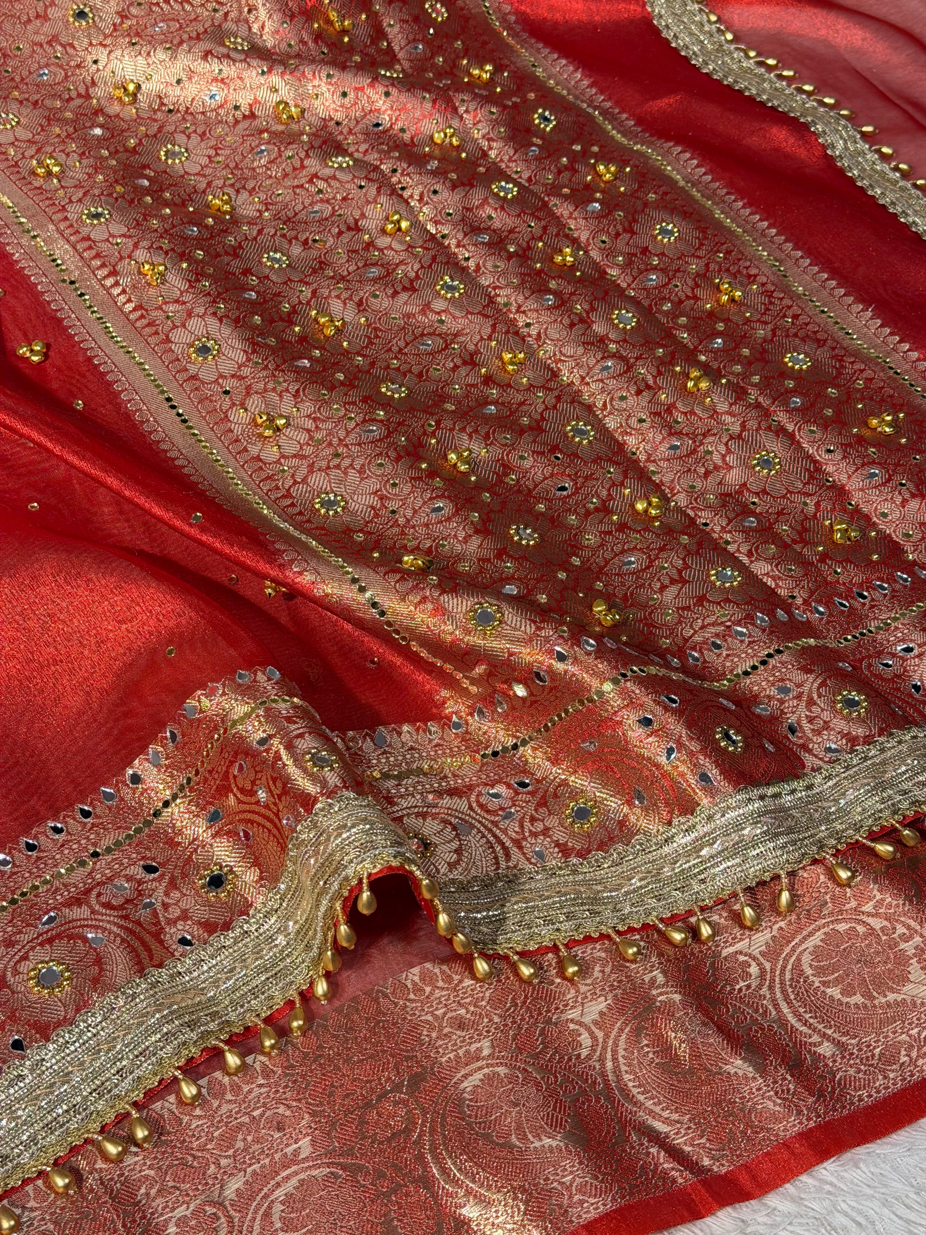 Carmine Red Kora Tissue Viral Ghungroo Saree