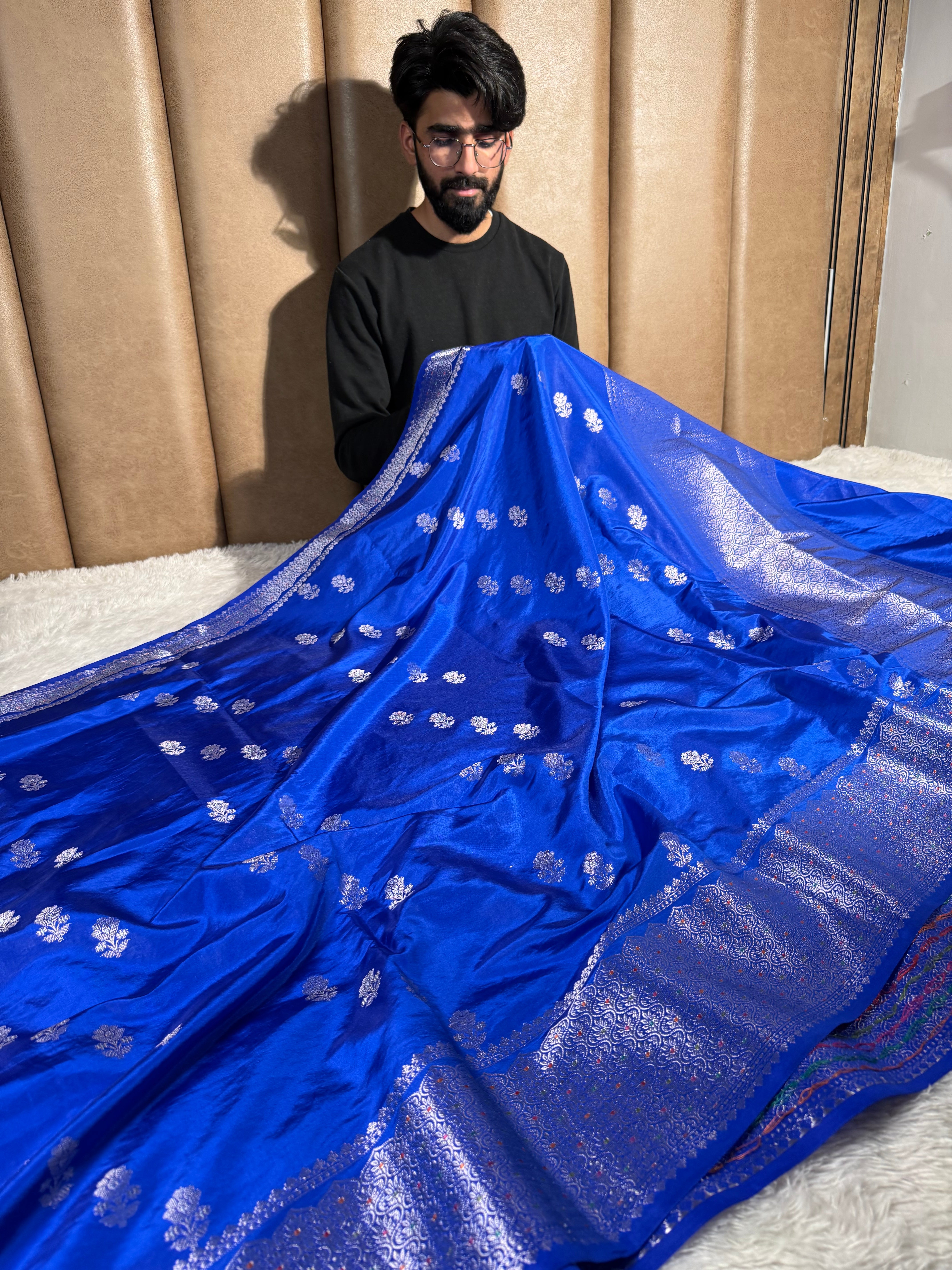 Royal Blue Chinia Silk Contemporary Weave Saree