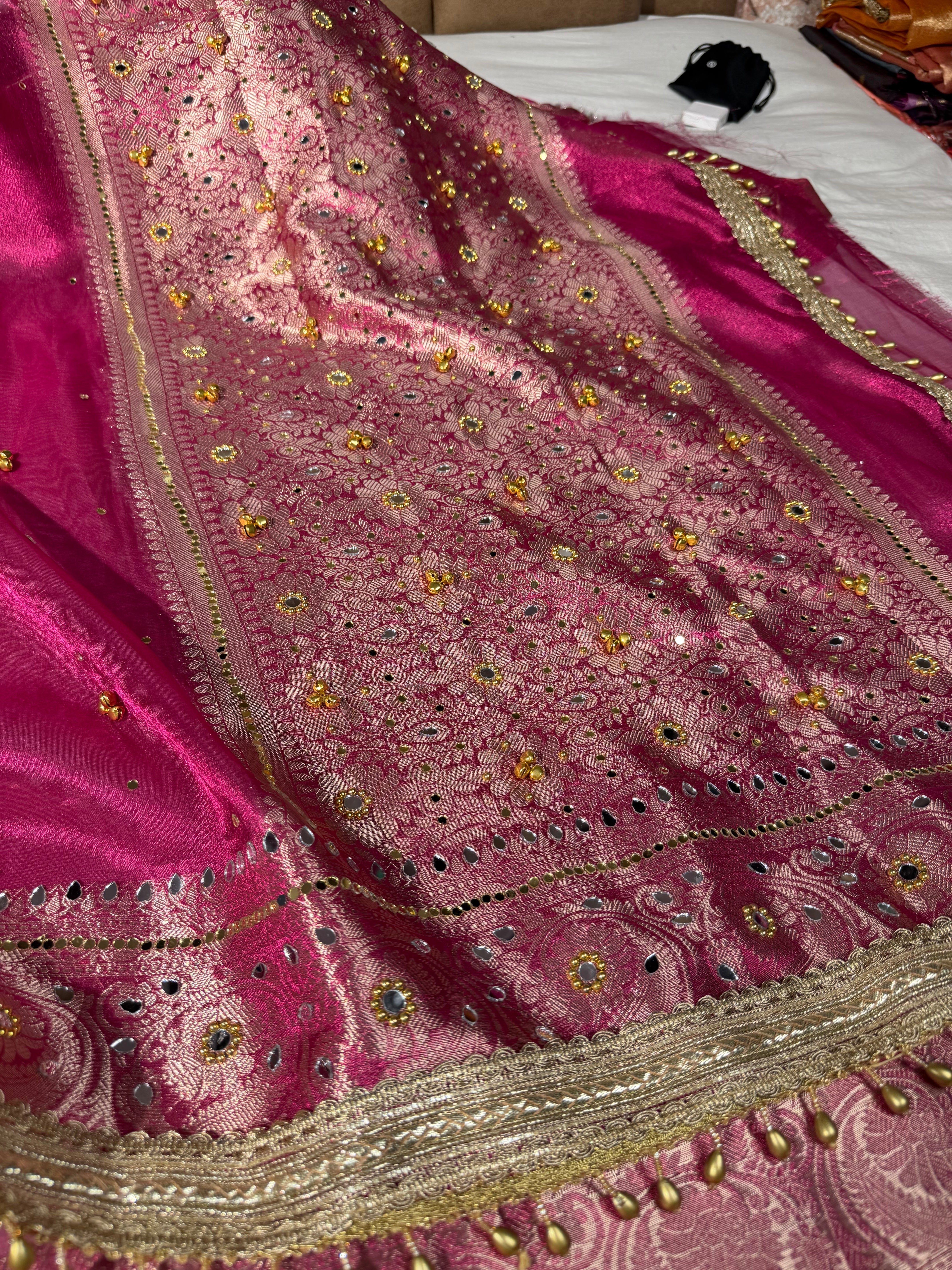 Rani Pink Kora Tissue Viral Ghungroo Saree