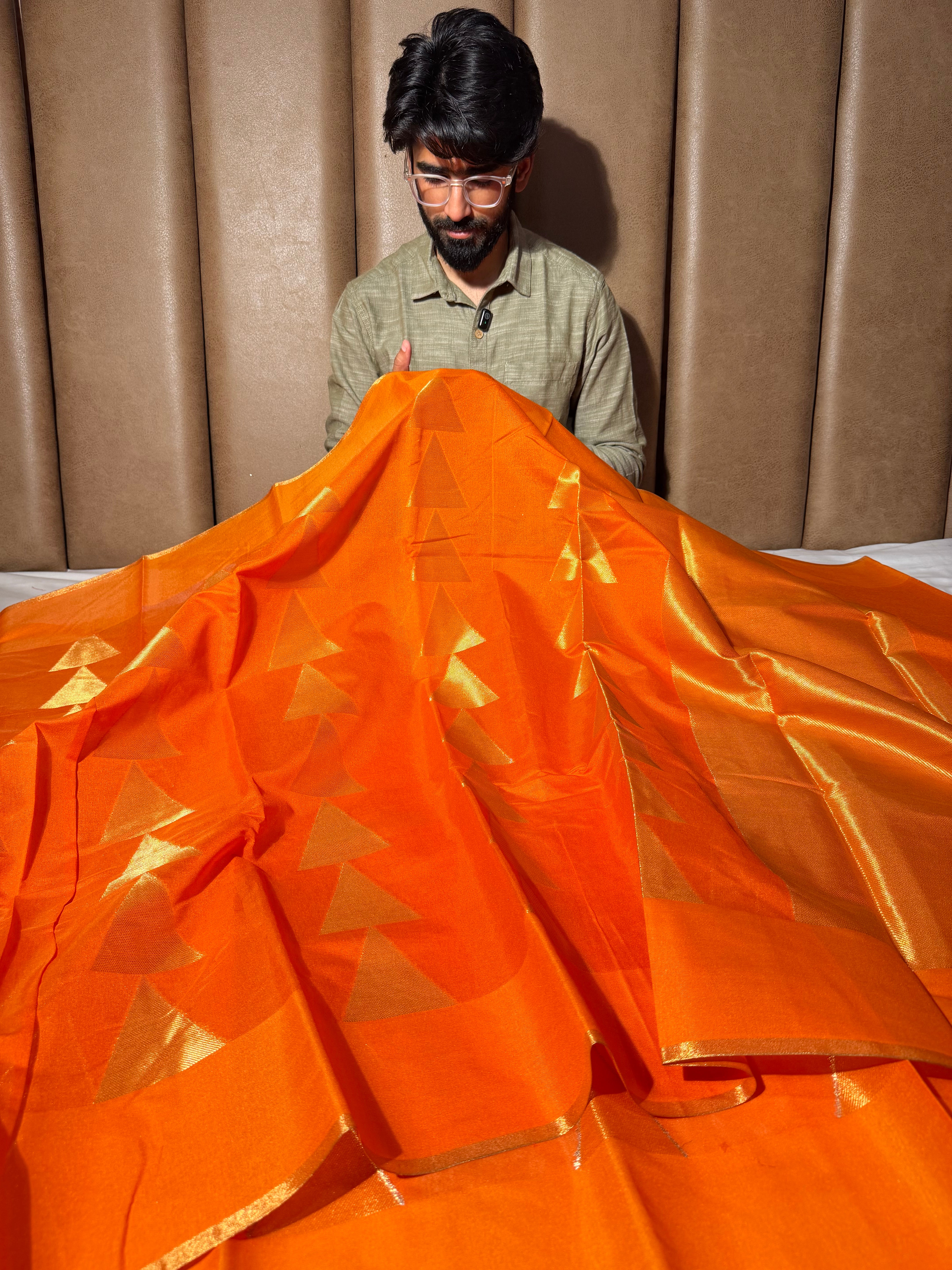 Bright Orange Temple Buta Soft Cotton Banarasi Saree