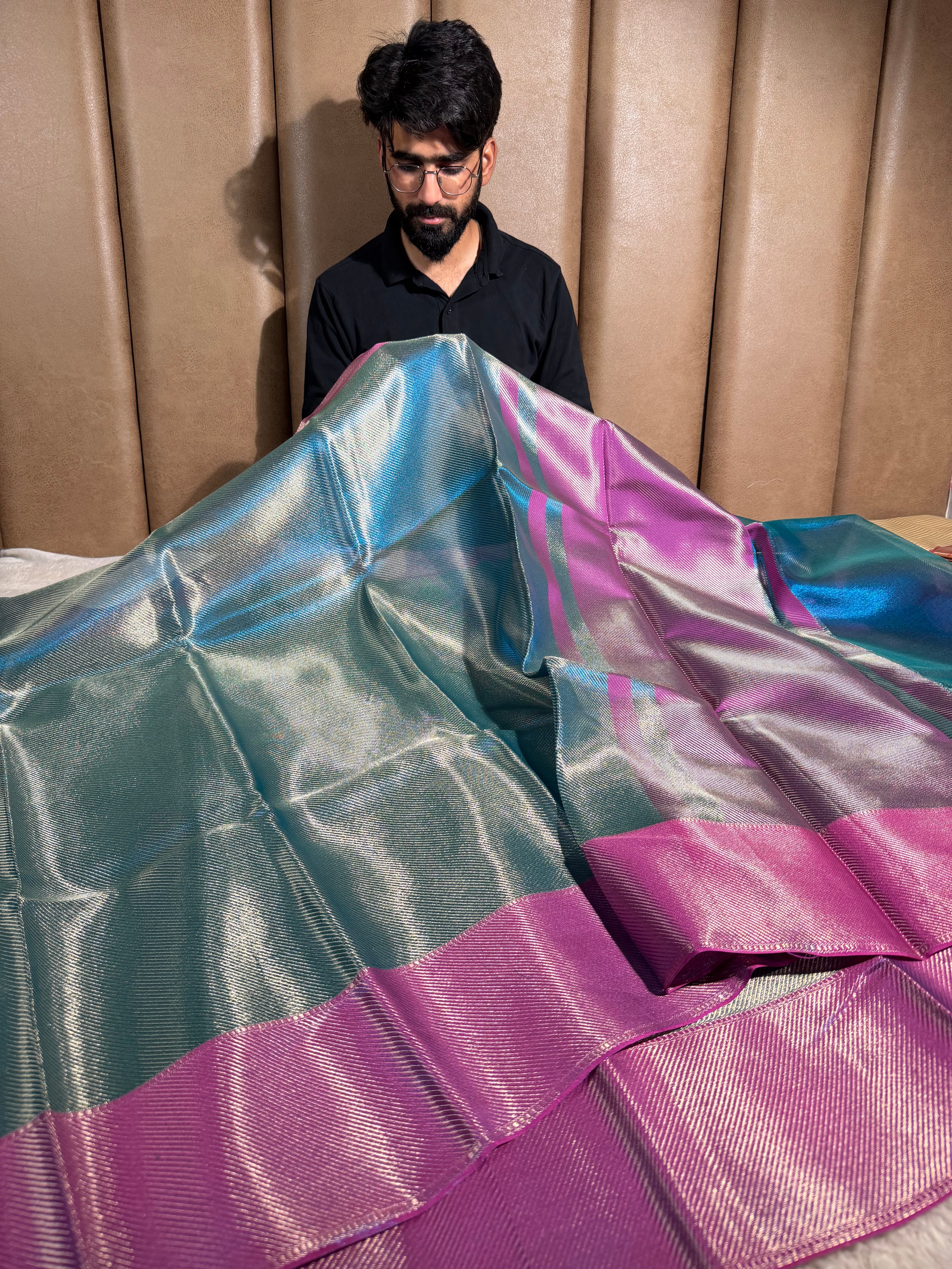 Metallic Firozi Brocade Tissue Silk Saree