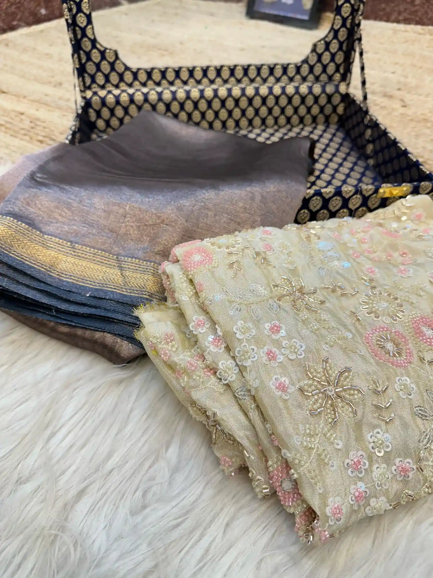 Ash Grey Pure Tissue Silk Saree with Handwork Blouse