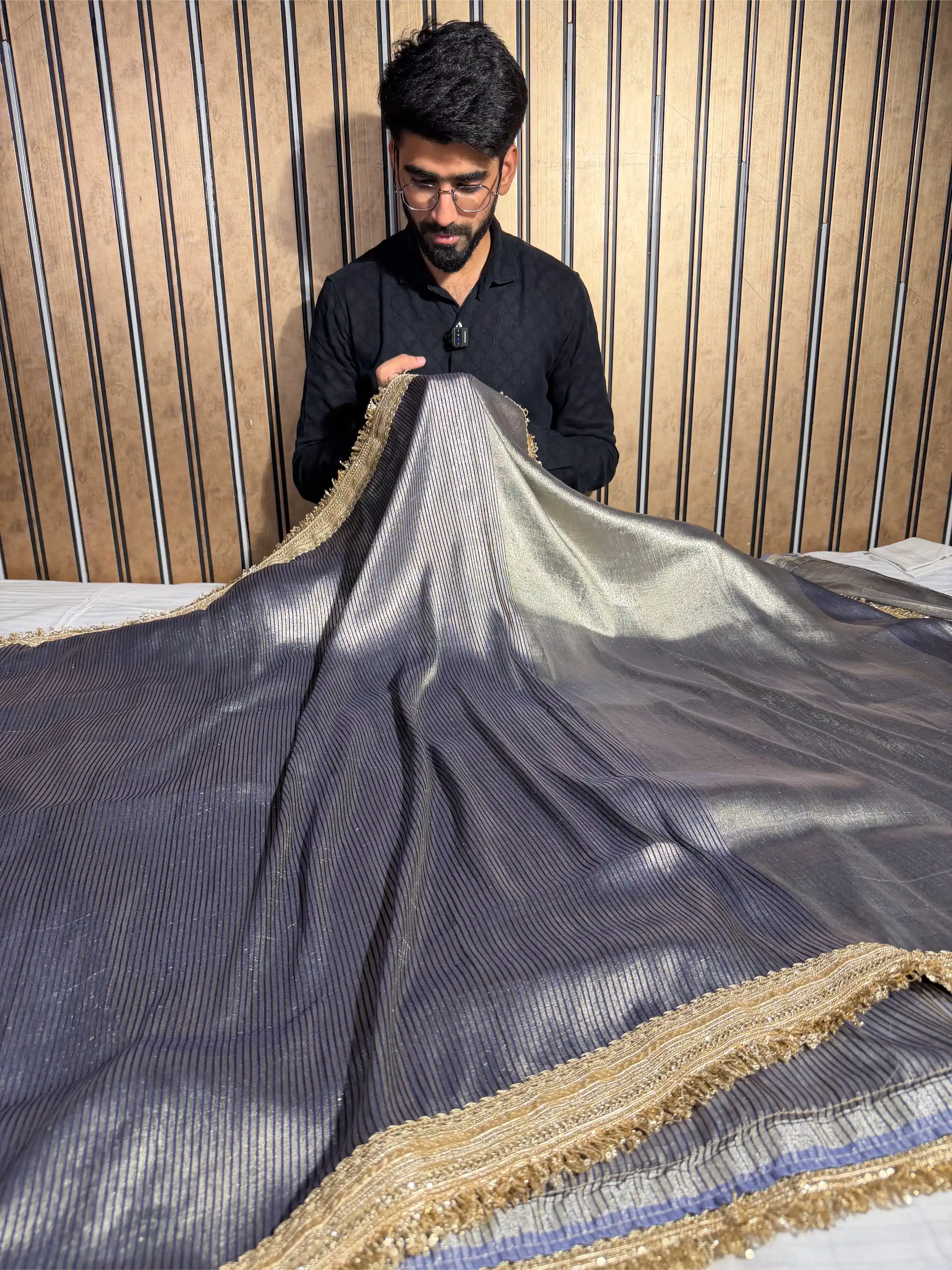 Ash Navy Pure Munga Silk Jacquard Lace Work Banarasi Saree