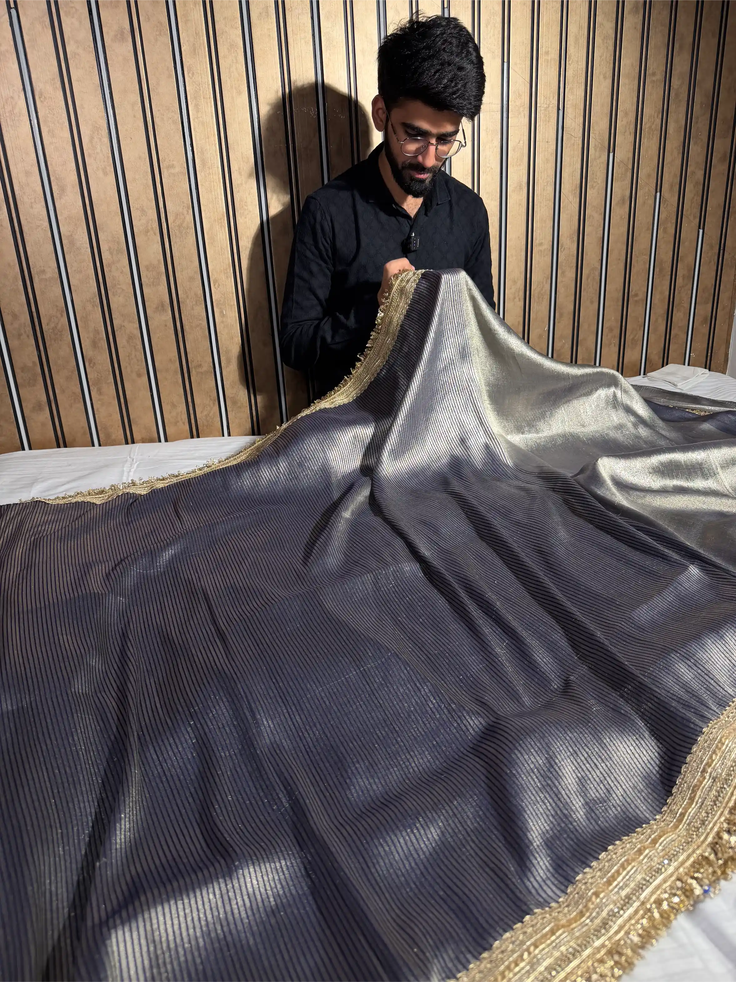 Ash Navy Pure Munga Silk Jacquard Lace Work Banarasi Saree