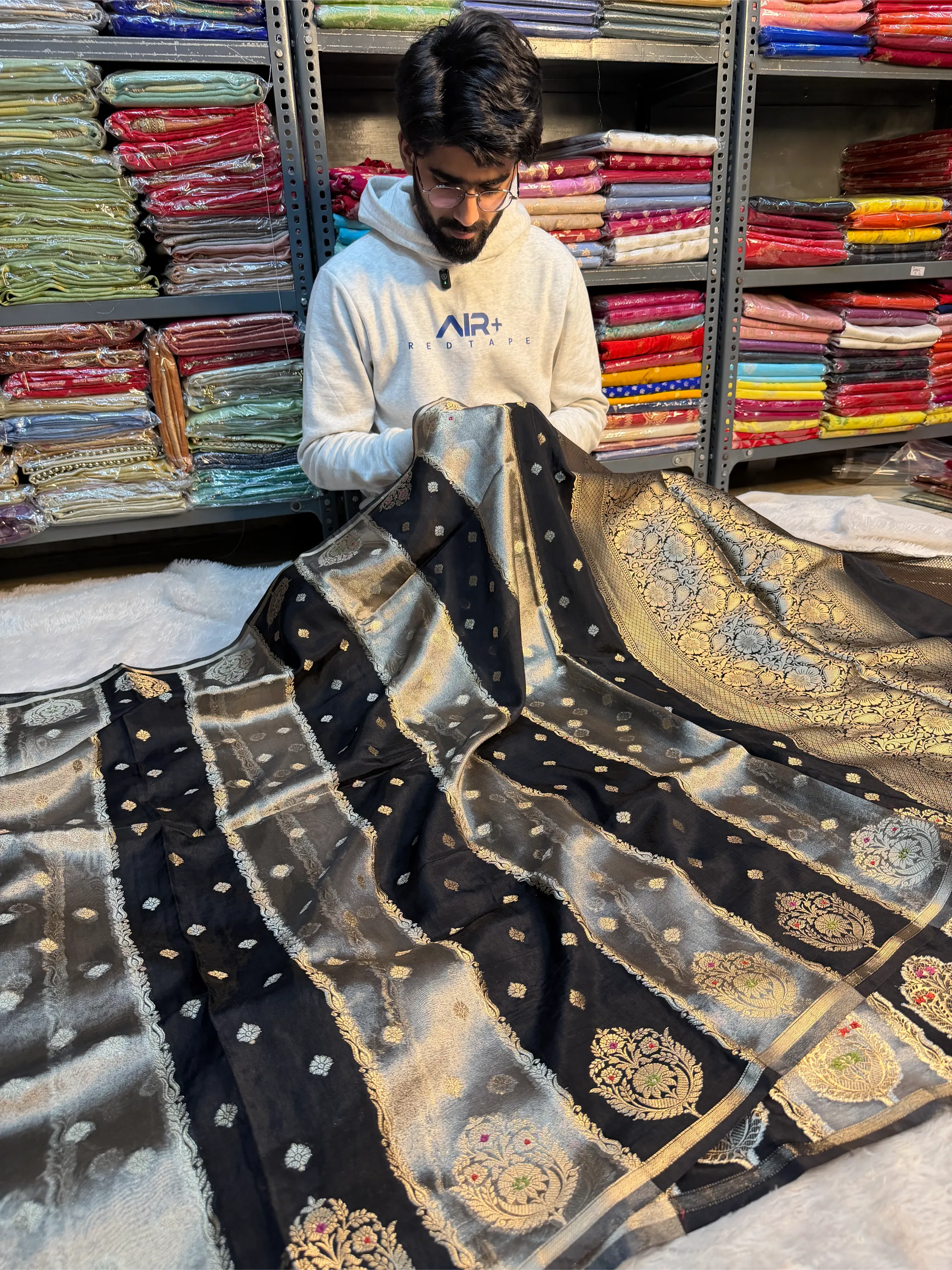 Ash Black Chinia Tissue Silk Heritage Weave Banarasi Saree