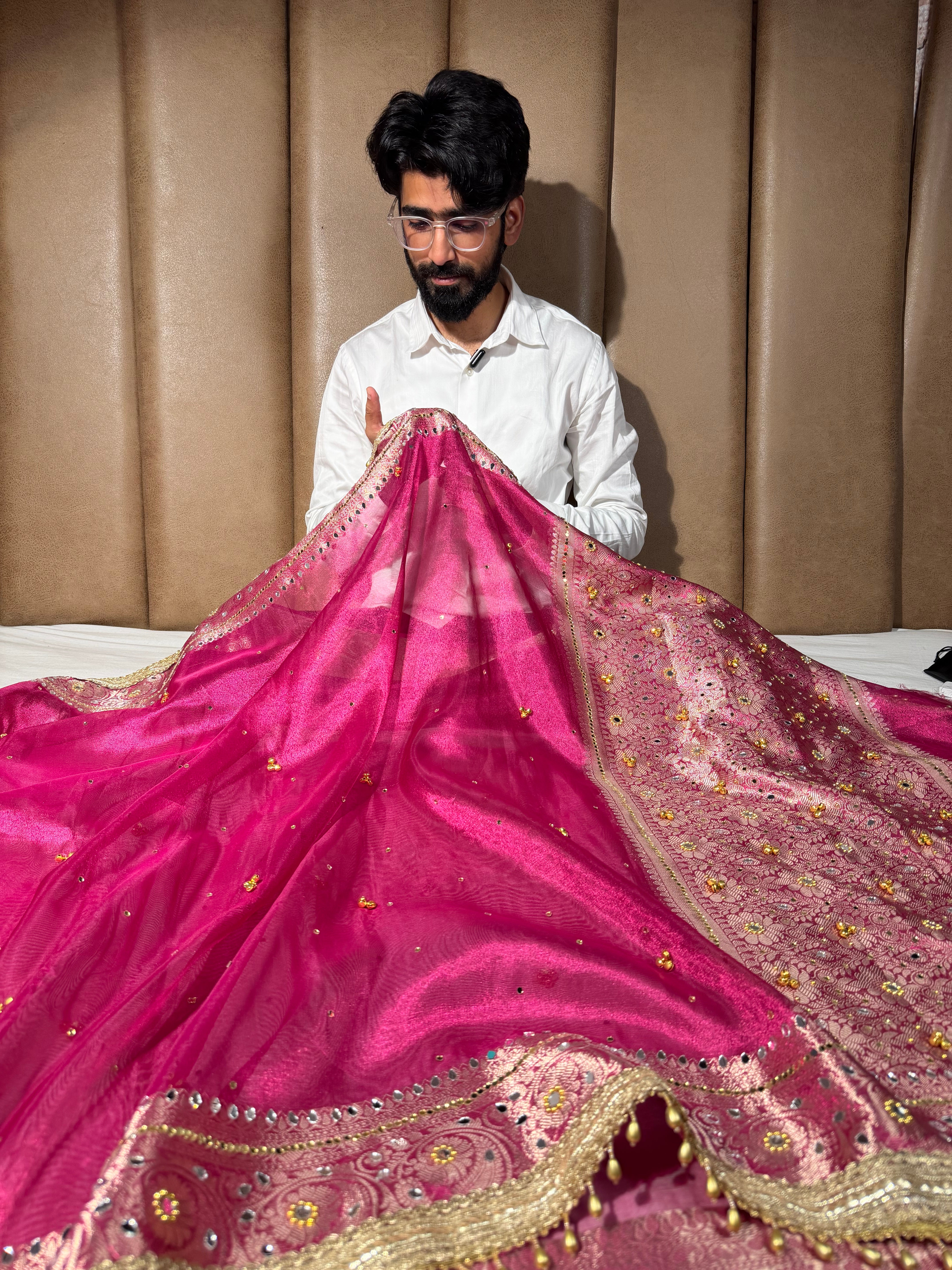 Rani Pink Kora Tissue Viral Ghungroo Saree