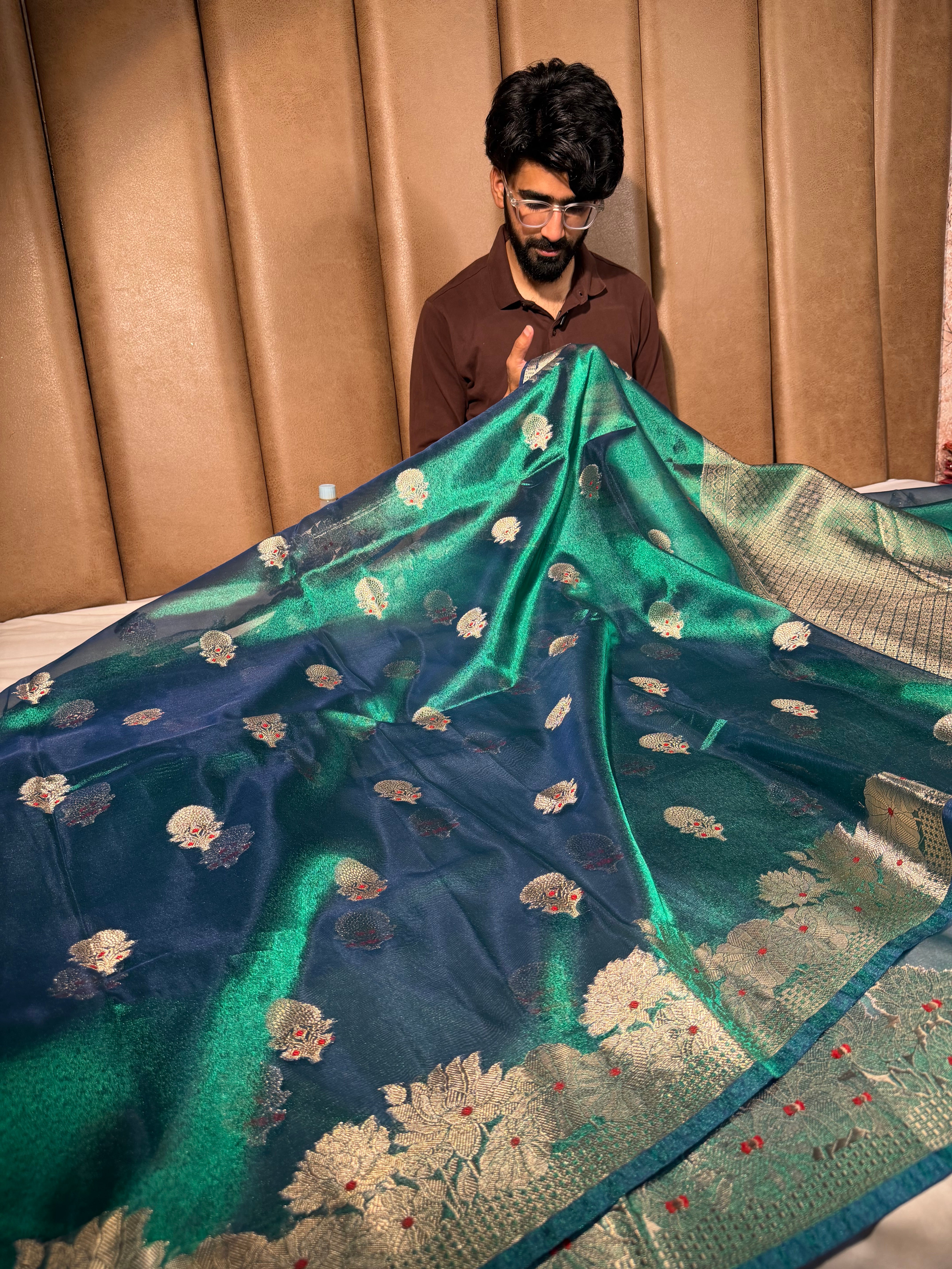 Rare Peacock Soft Tissue Silk Meenakari Buta Saree