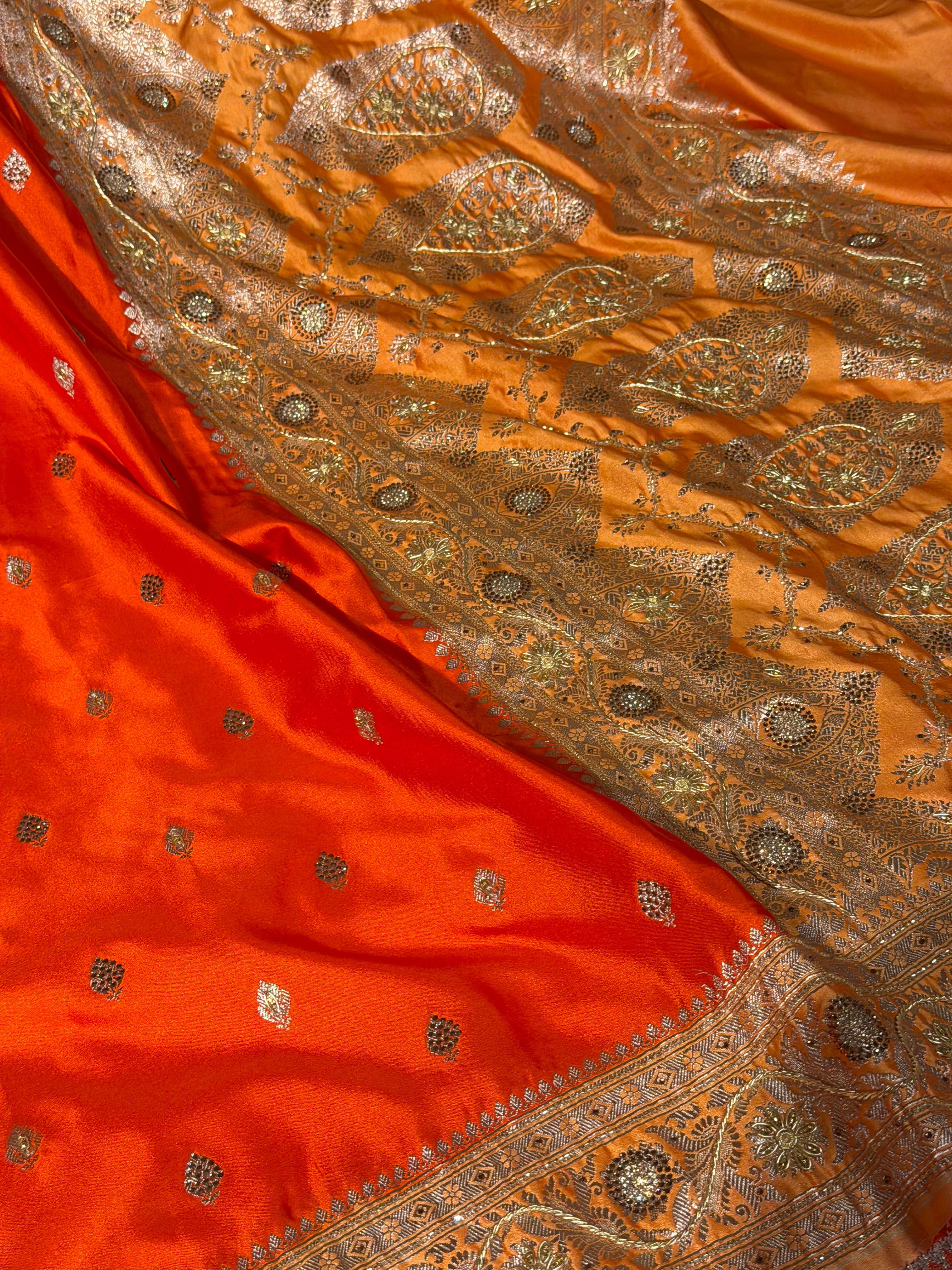 Bright Orange Mashru Katan Premium Handwork Saree