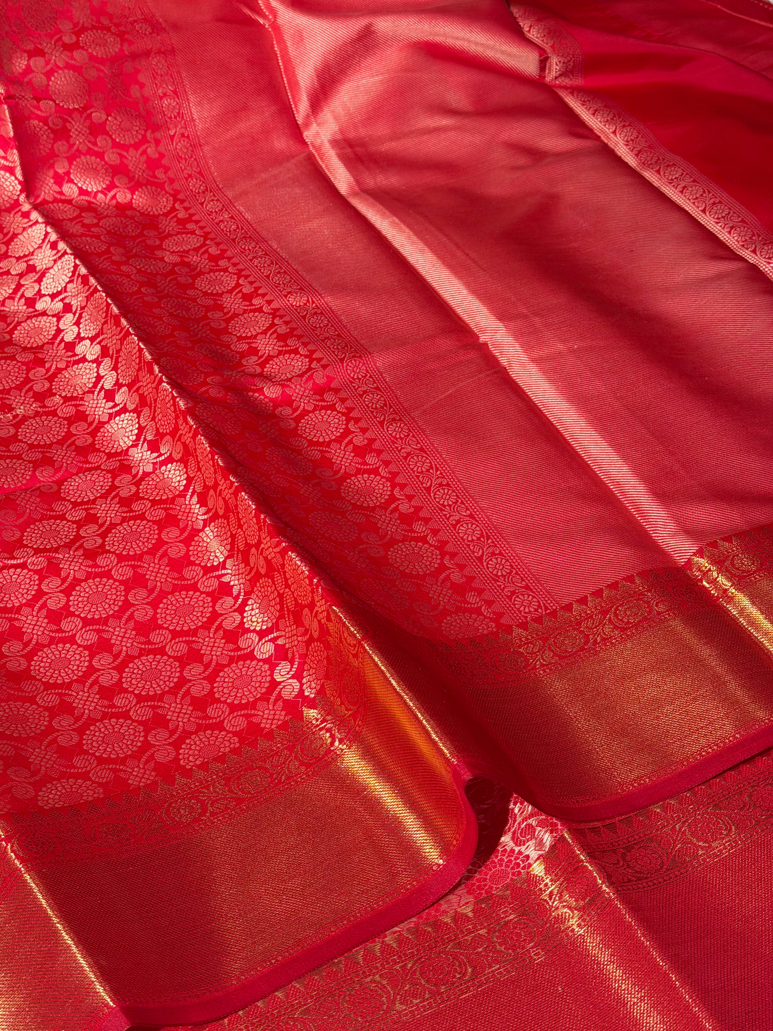 Bright Red Embossed Softsilk Banarasi Saree