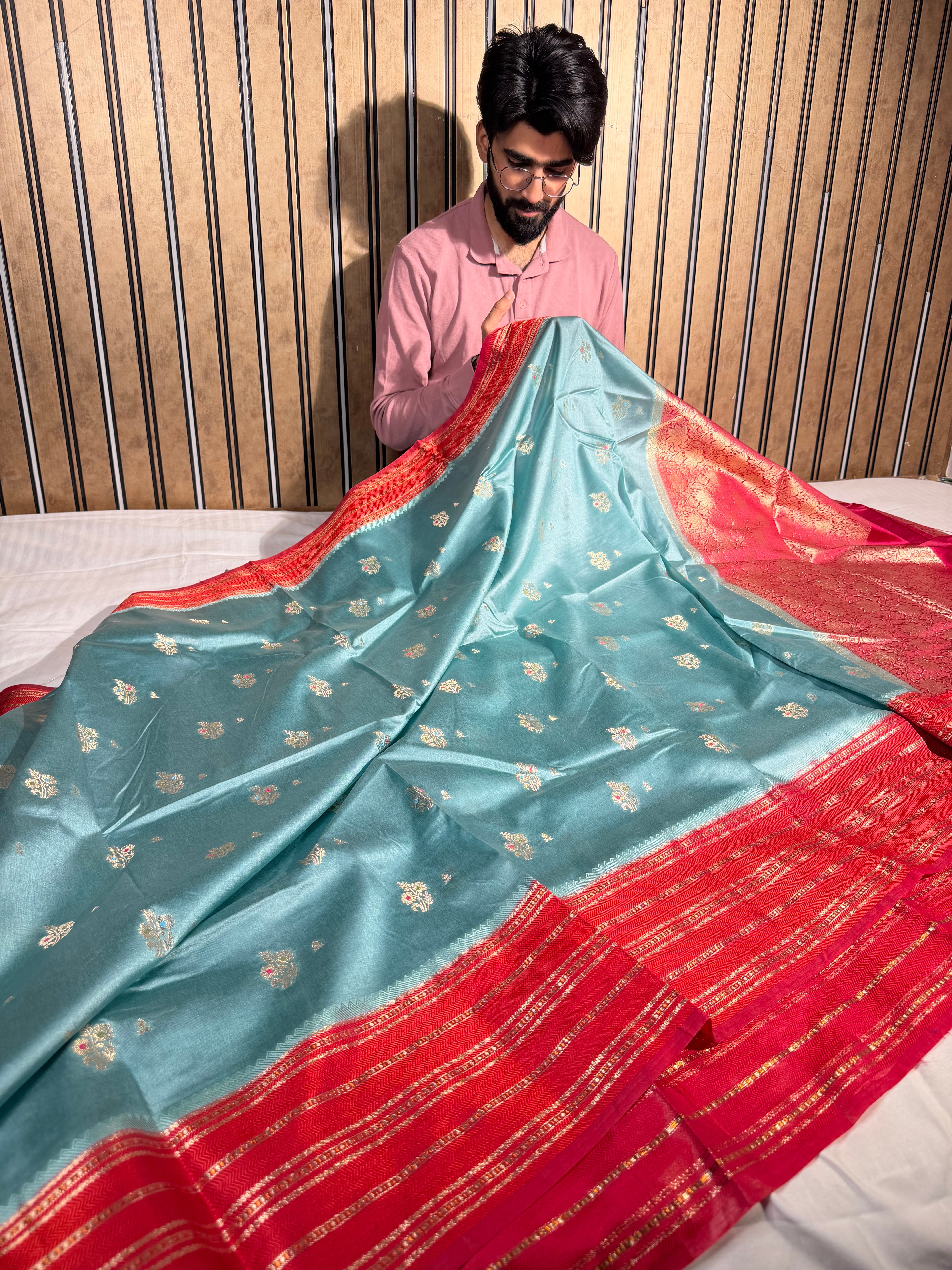 Sea Green Contrast Raw Dupion Silk Banarasi Saree