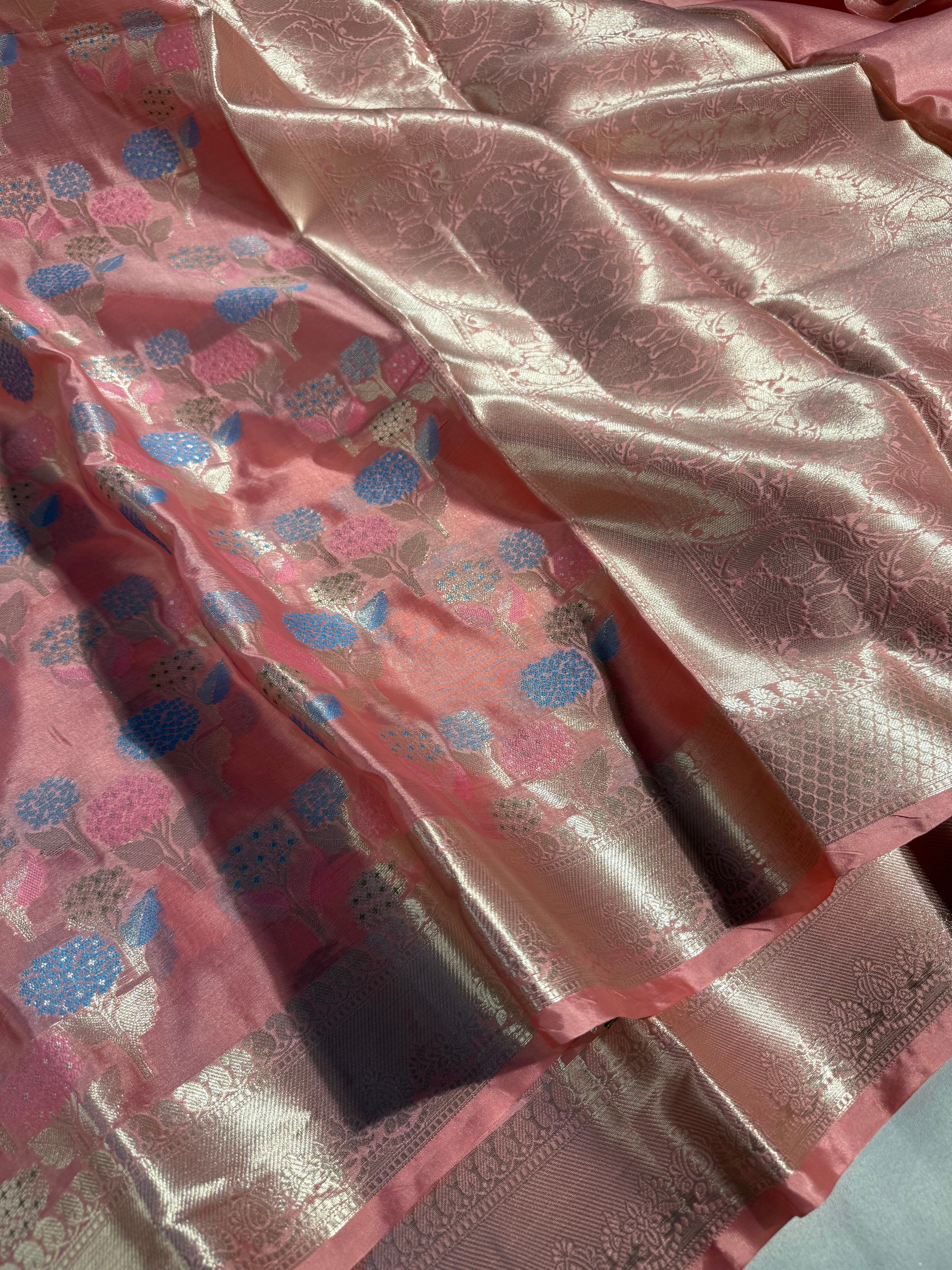 Nita Ambani Ma’am Inspired Peach Katan Silk Floral Embossed Meenakari Banarasi Saree