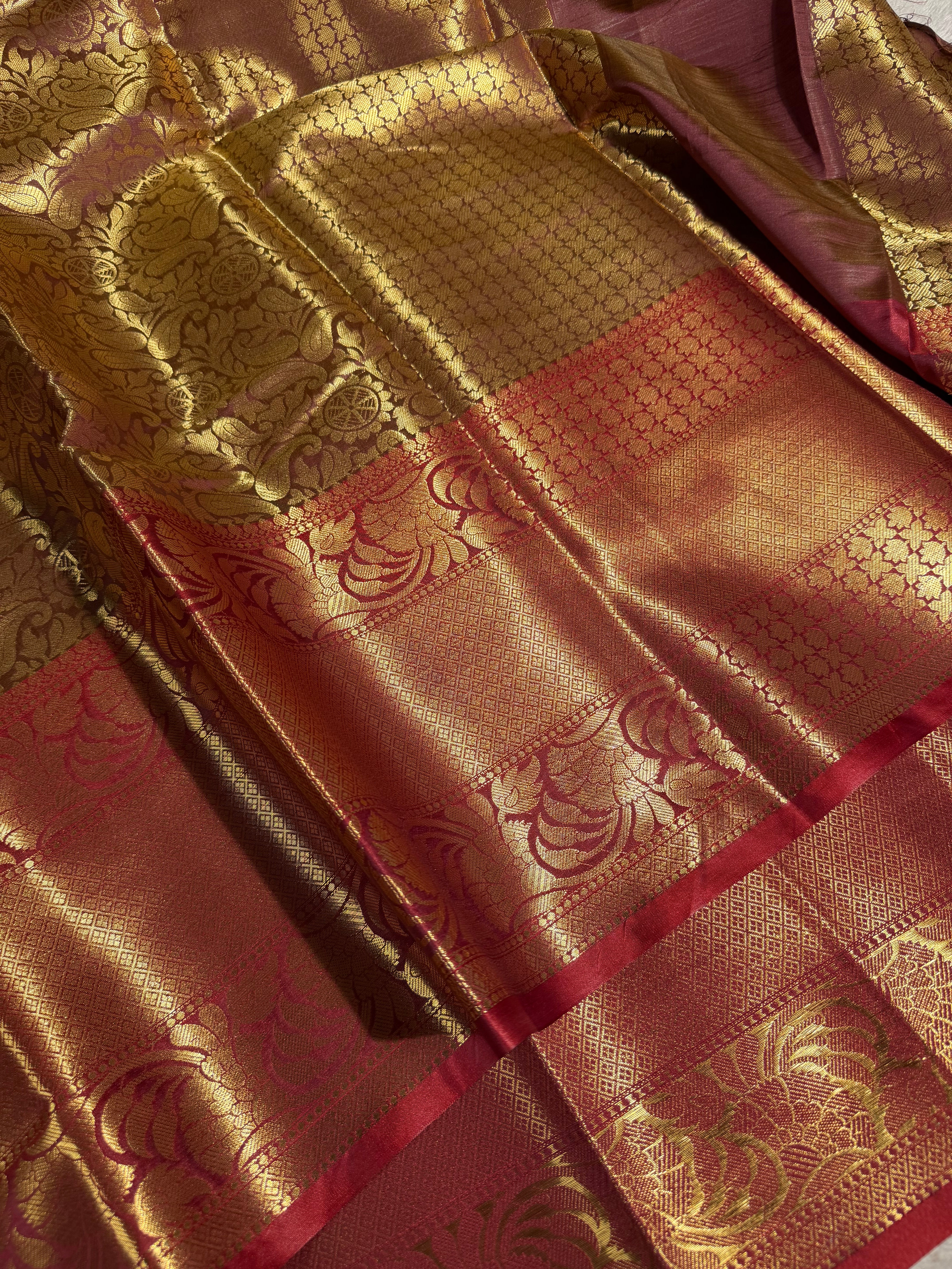 Rusted Shade Embossed Kanjivaram Tissue Saree