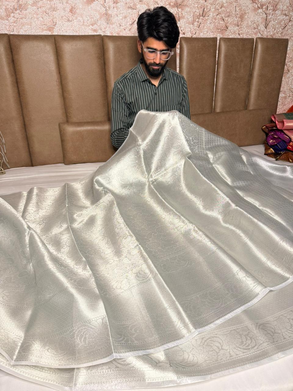 Silver Zari Softsilk Embossed Banarasi Saree