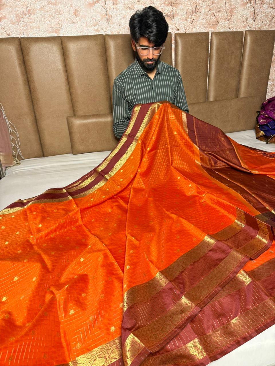Bright Orange Checks Buti Banarasi Saree