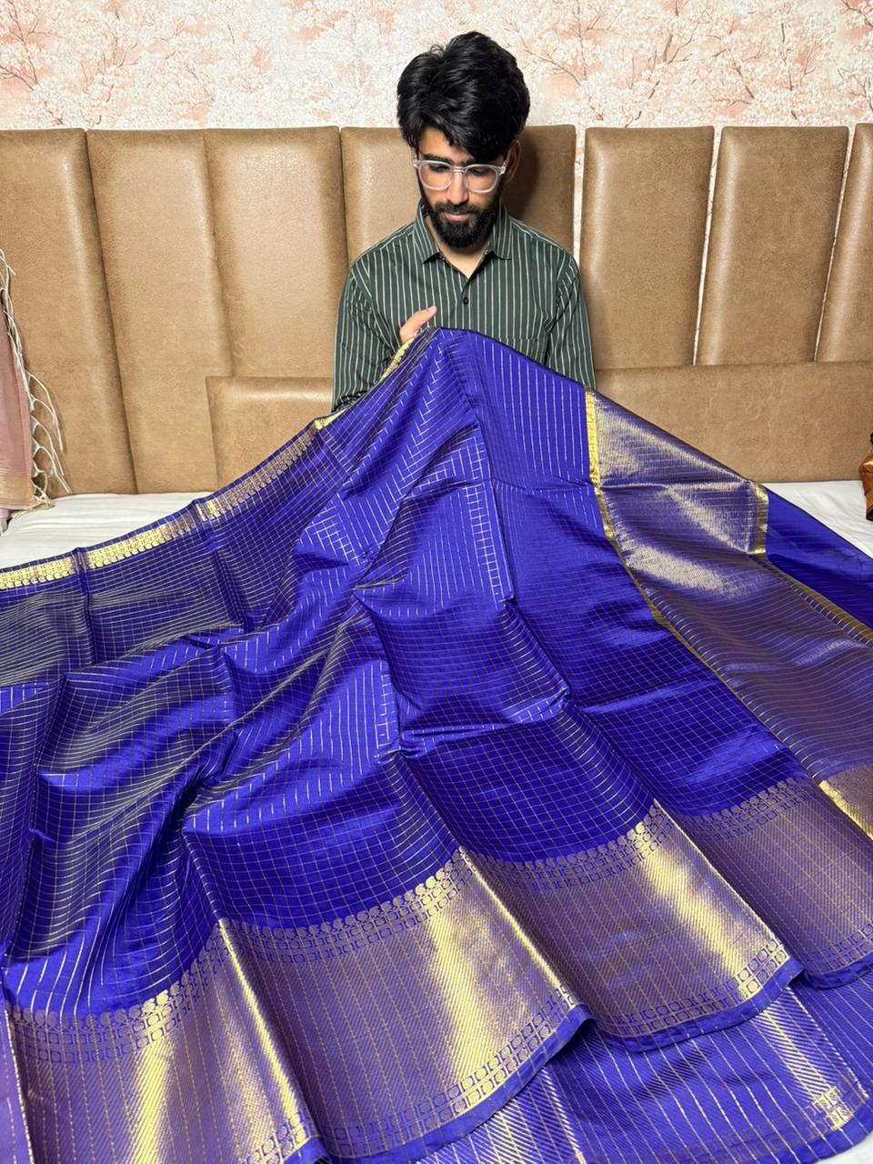 Royal Blue Heritage Checks Weave Banarasi Saree