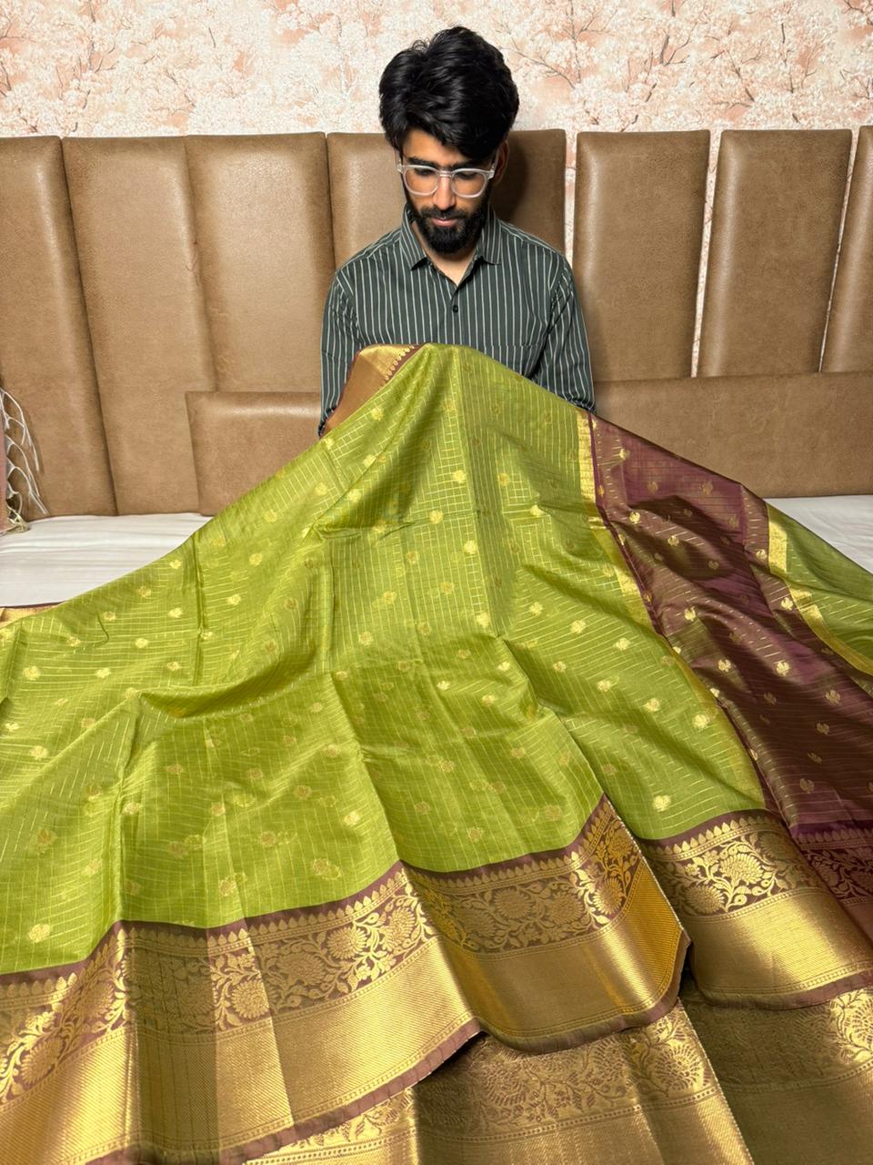 Mehendi Green Checks Buti softsilk Saree