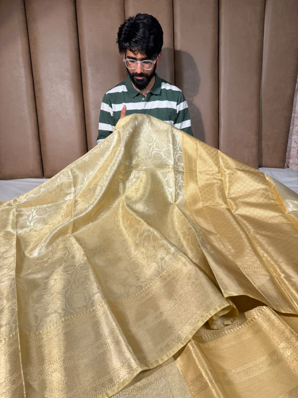Light Gold Embossed Floral Tissue Saree