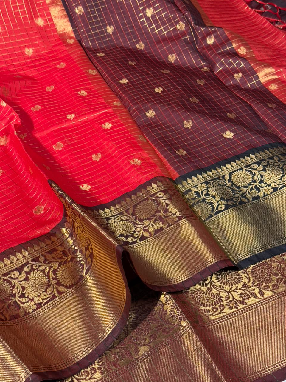 Bright Red Checks Buti Banarasi Silk Saree