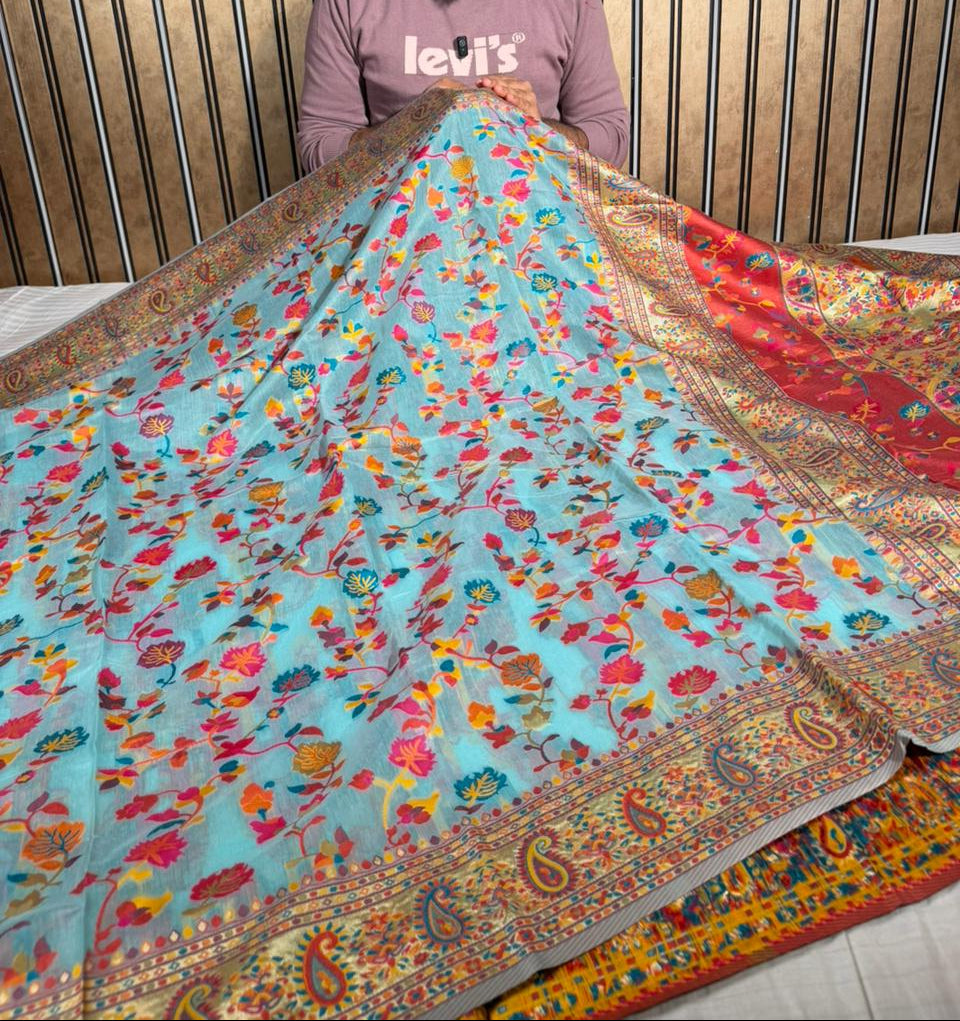 Baby Blue Soft Cotton Pashmina Tilfi Meenakari Banarasi Saree