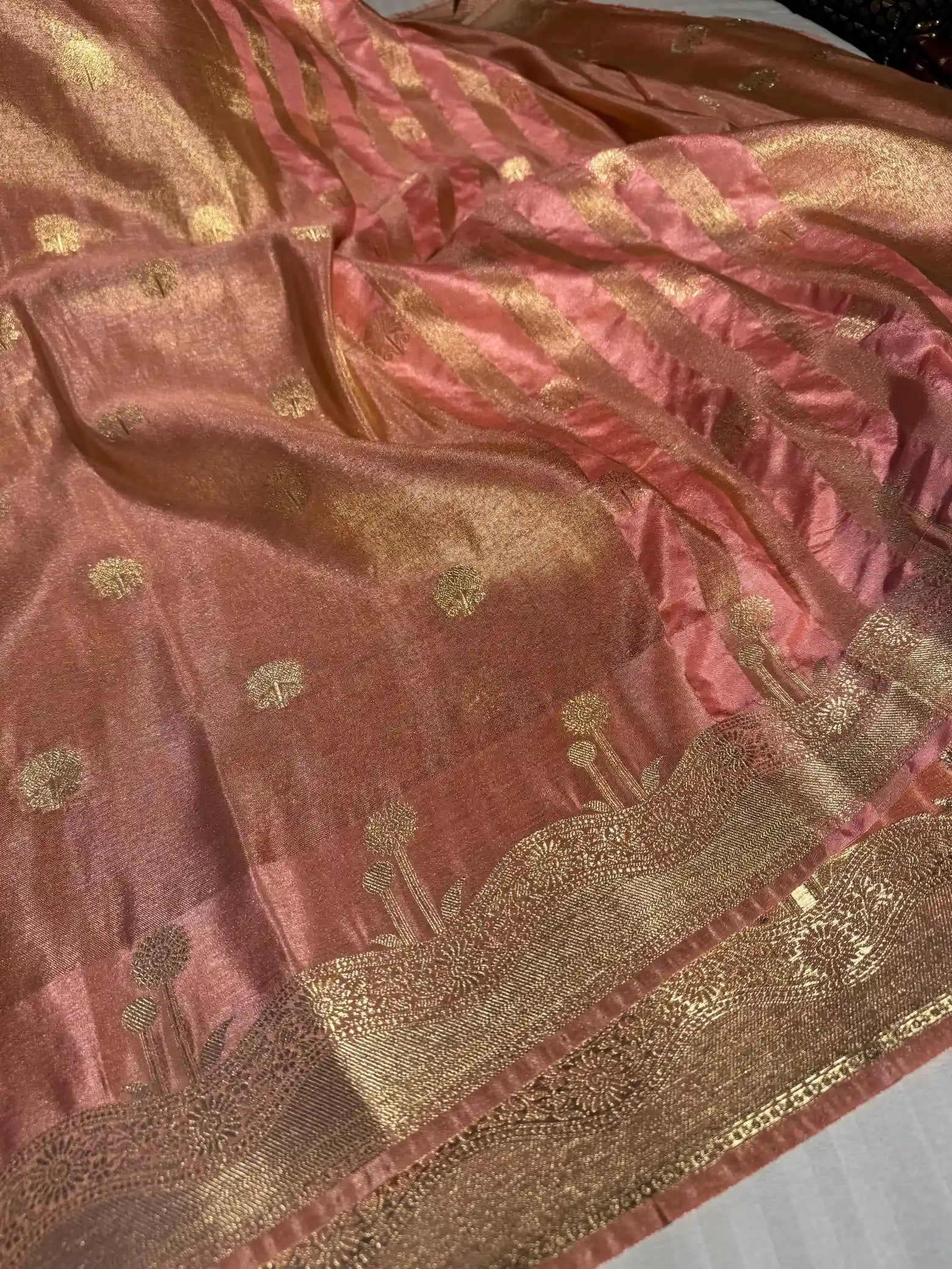 Baby Peach Breathable Katan Tissue Silk Traditional Buta Banarasi Saree