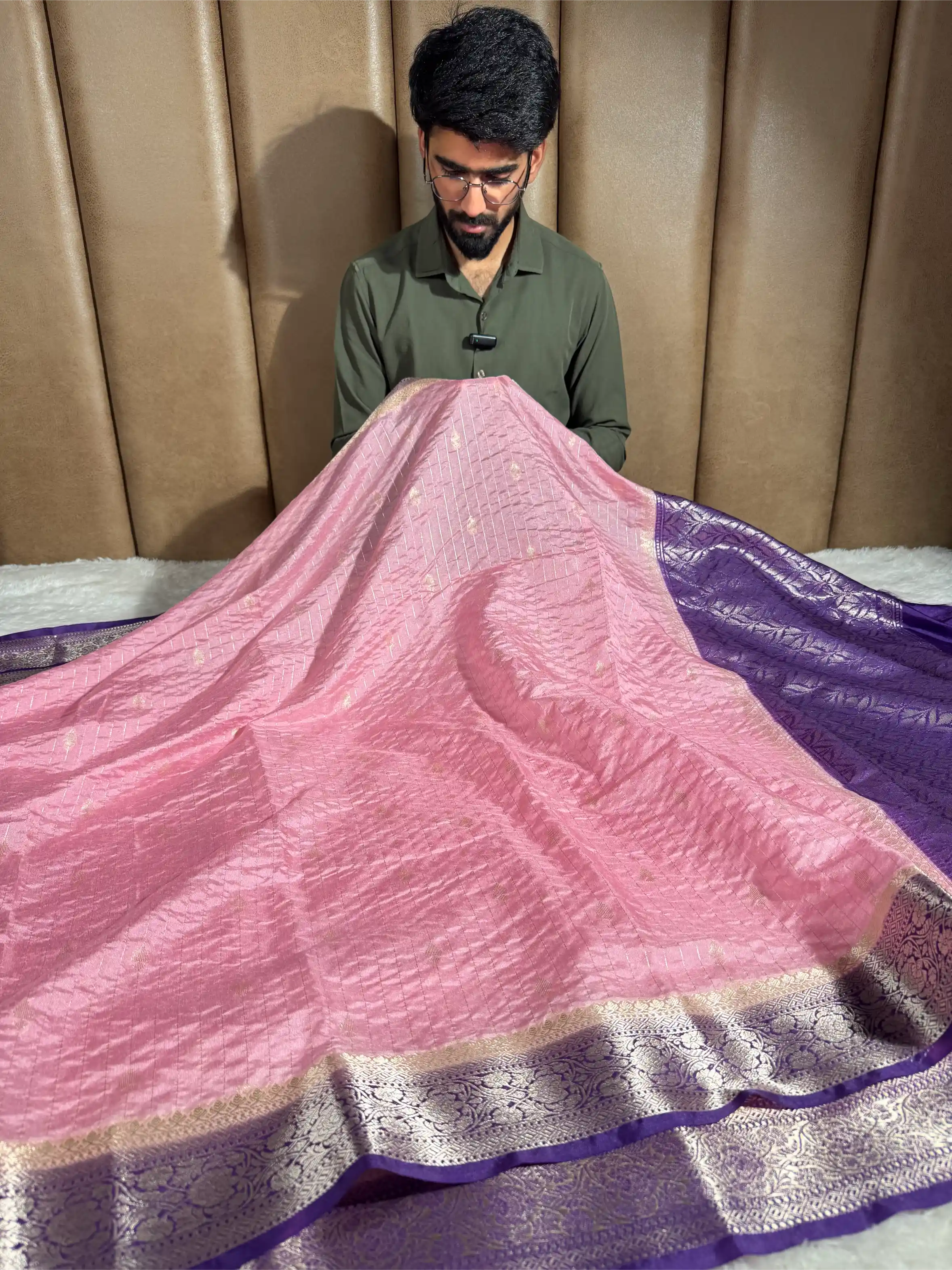 Baby Pink Chinia Silk with Contrast Purple Border Banarasi Saree